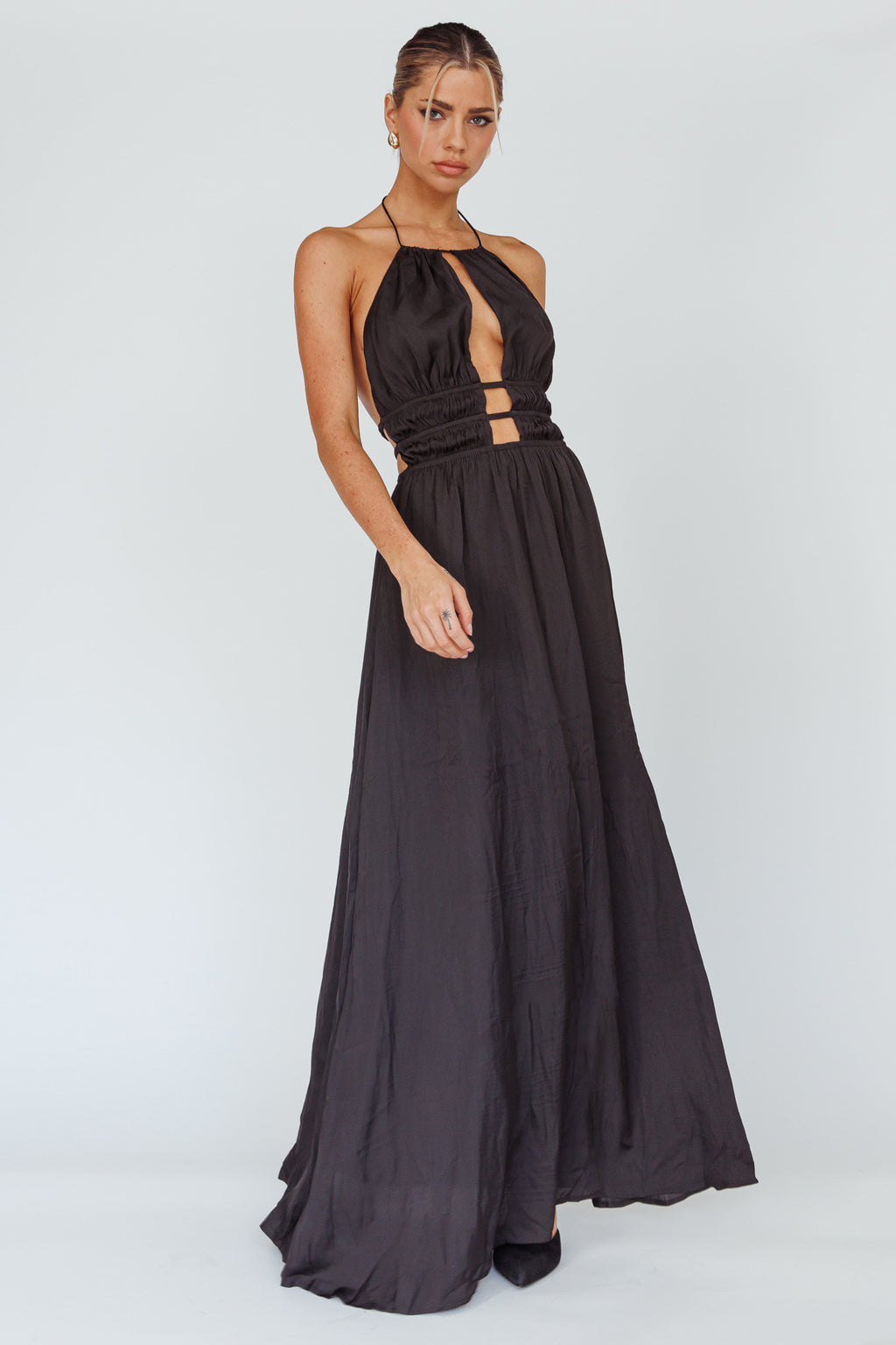 Cyndi Open Back Halterneck Maxi Dress Black by Selfie Leslie