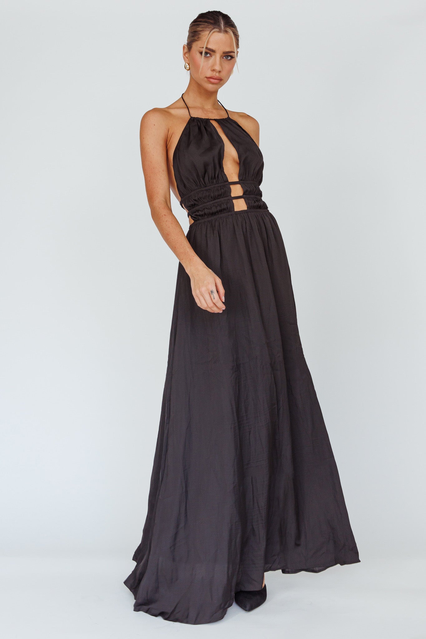 Cyndi Open Back Halterneck Maxi Dress Black by Selfie Leslie