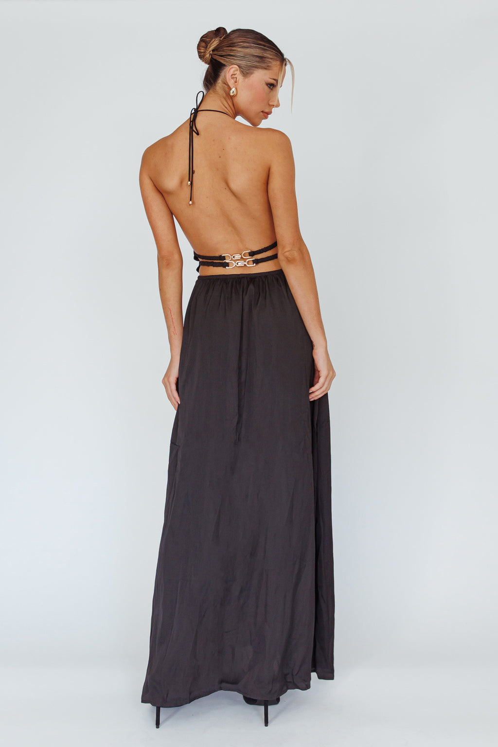 Cyndi Open Back Halterneck Maxi Dress Black by Selfie Leslie