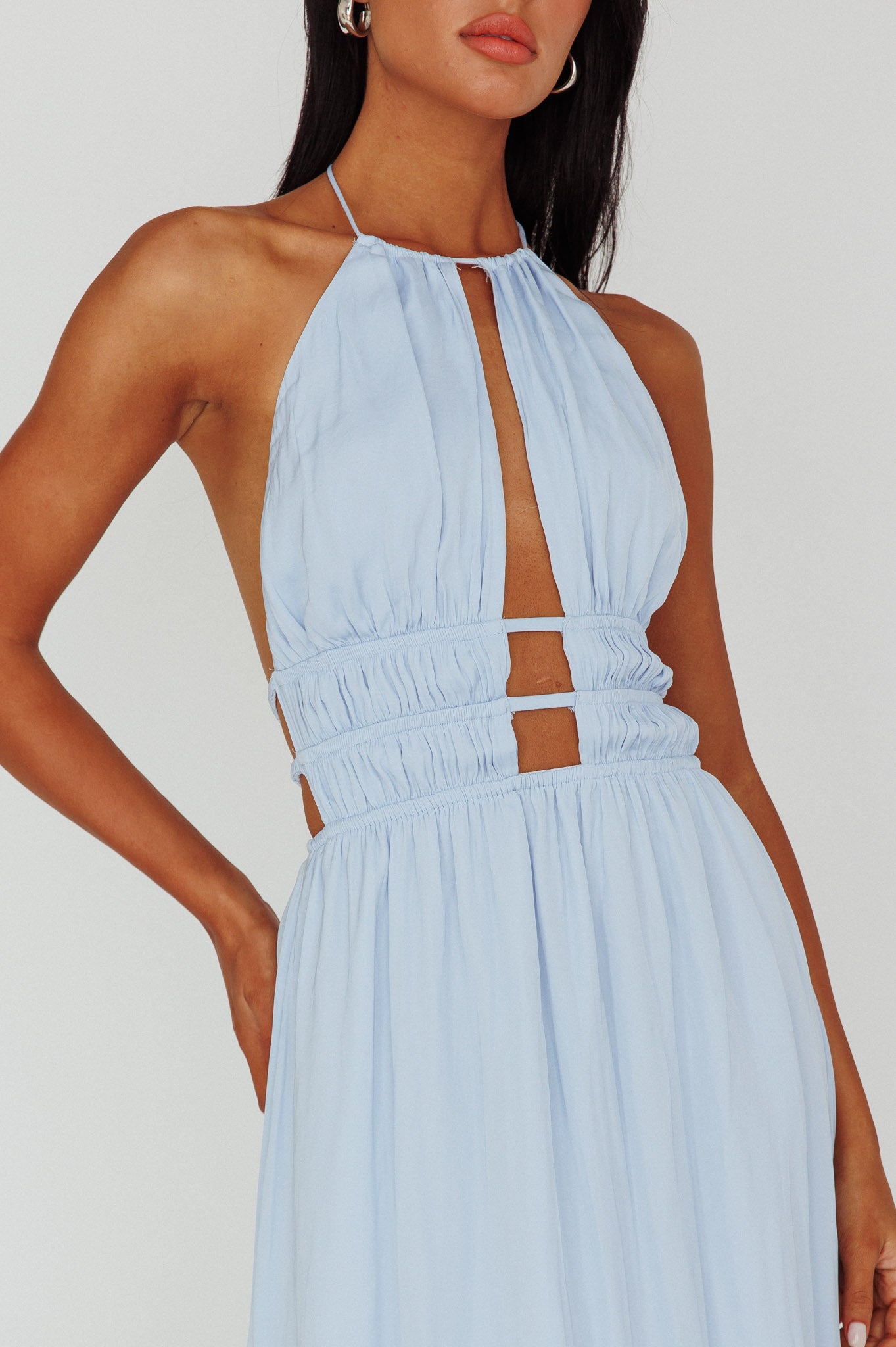 cyndie halter midi dress Cyndi Open Back Halterneck Maxi Dress Blue– Selfie Leslie