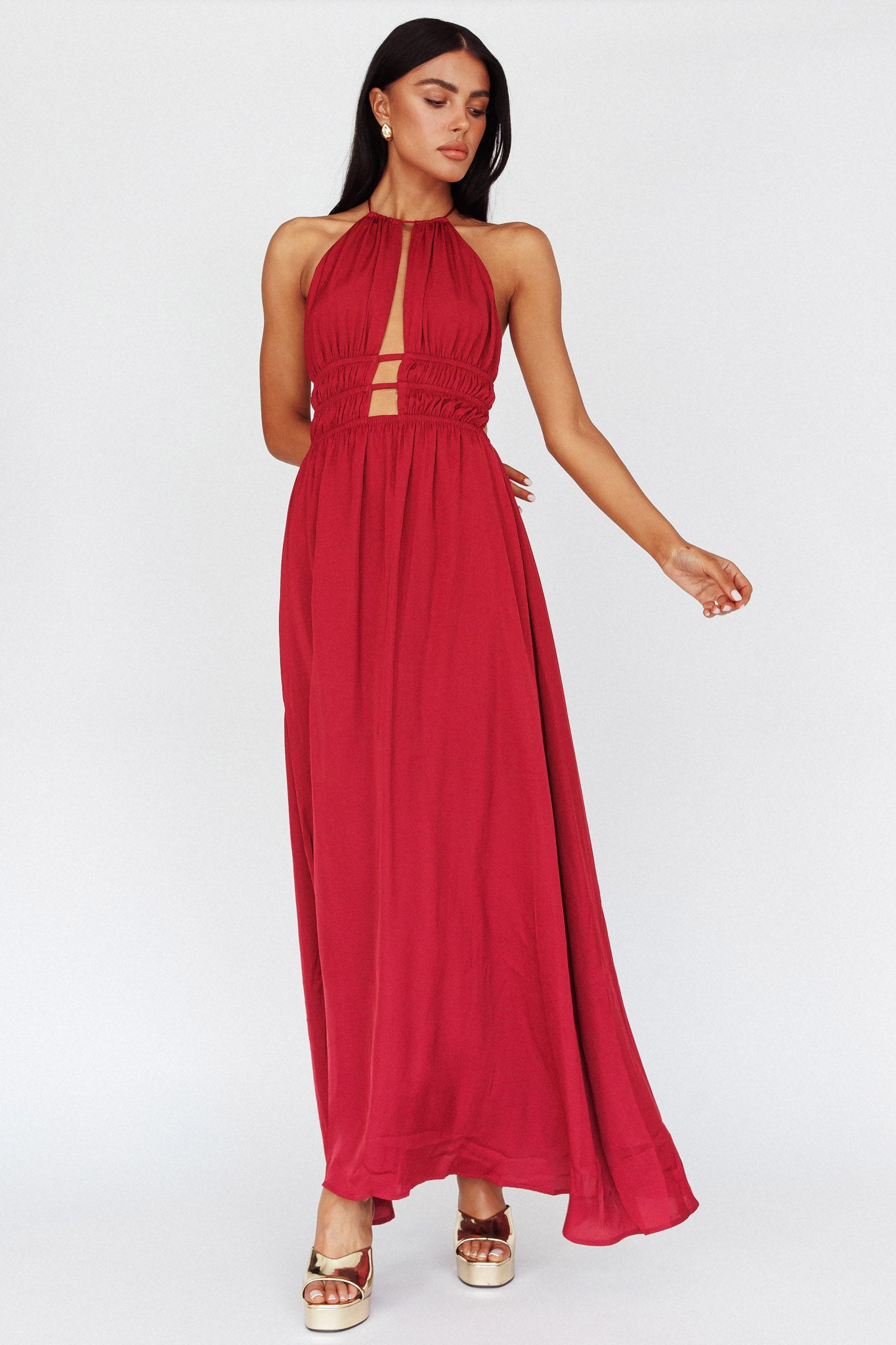 Cyndi Open Back Halterneck Maxi Dress Wine by Selfie Leslie