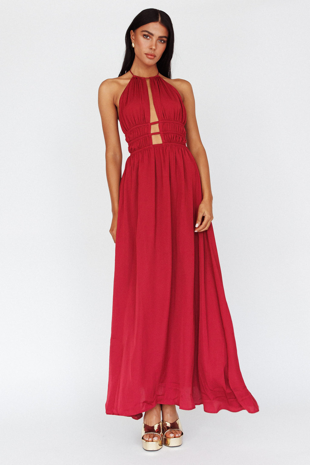 Cyndi Open Back Halterneck Maxi Dress Wine by Selfie Leslie