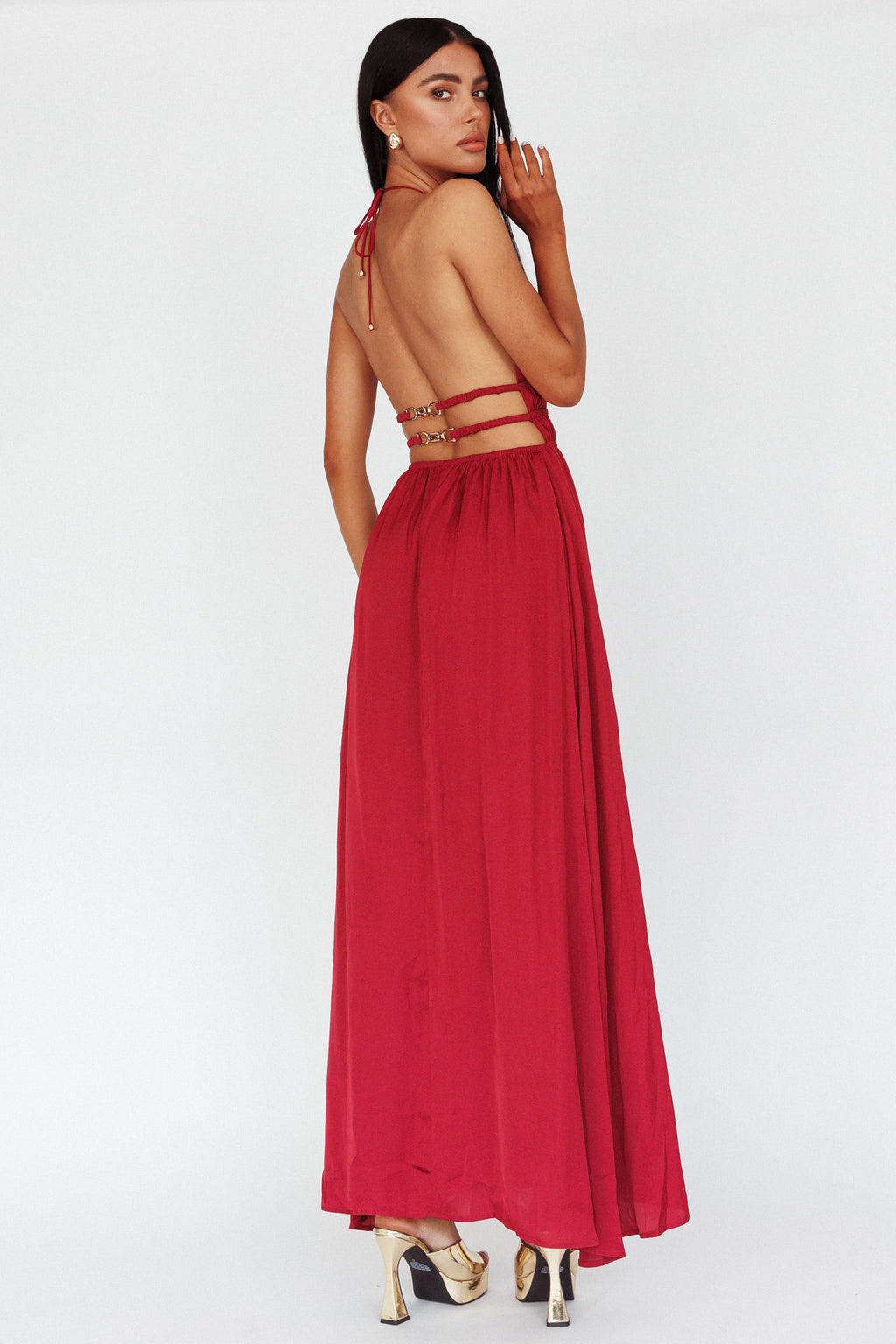 Cyndi Open Back Halterneck Maxi Dress Wine by Selfie Leslie