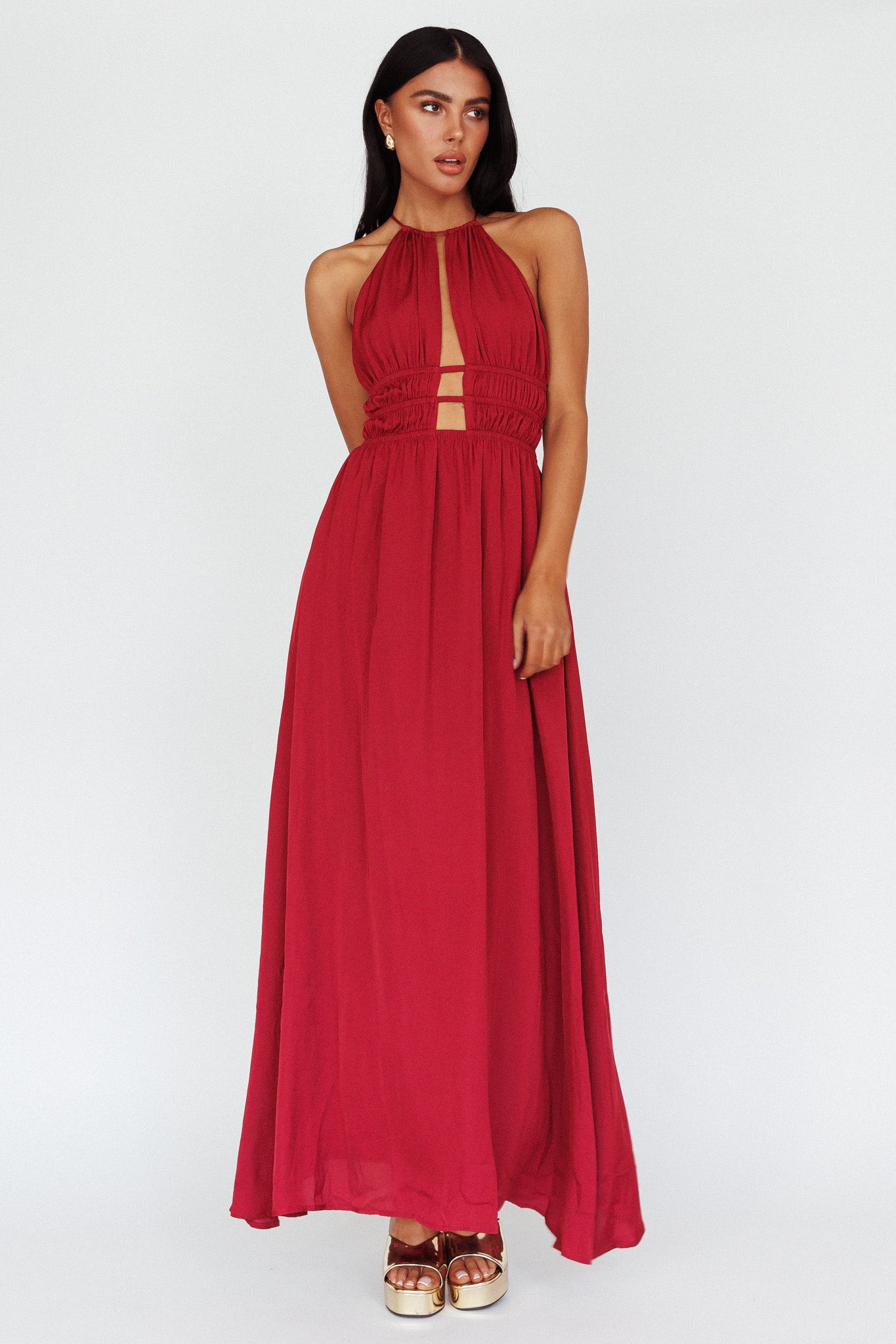 Cyndi Open Back Halterneck Maxi Dress Wine by Selfie Leslie