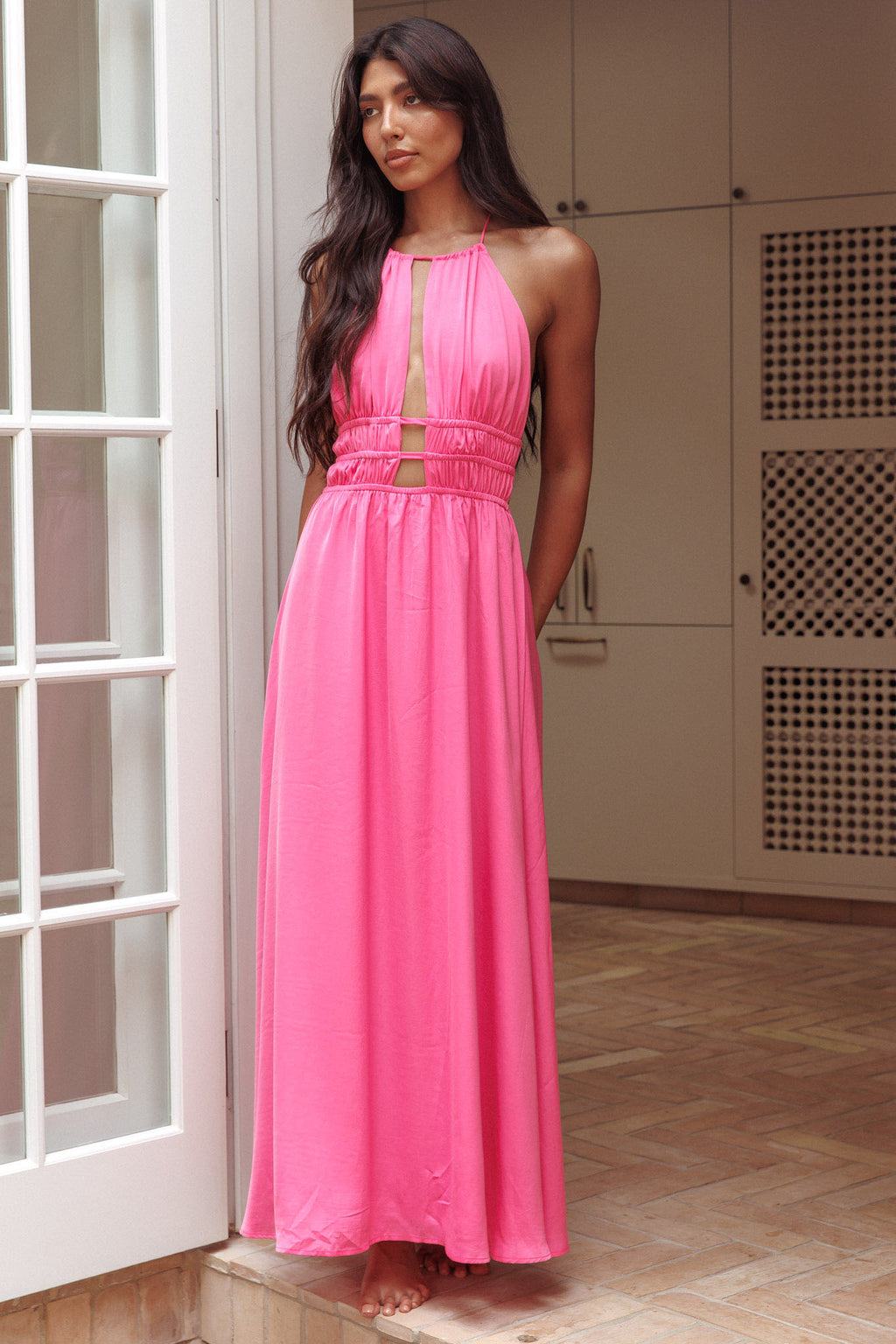 Cyndi Open Back Halterneck Maxi Dress Hot Pink by Selfie Leslie