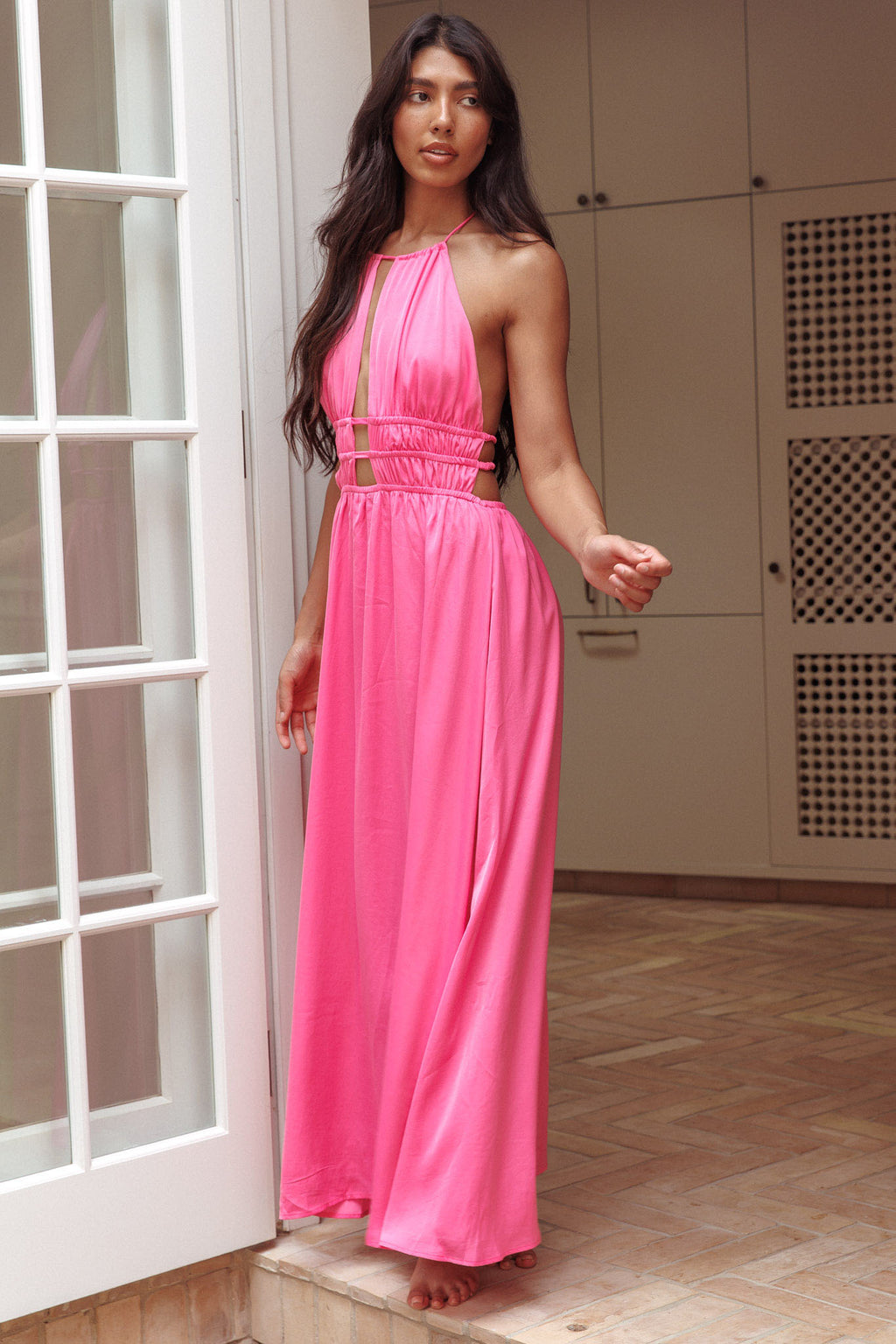 Cyndi Open Back Halterneck Maxi Dress Hot Pink Cyndi Open Back Halterneck Maxi Dress Hot Pink