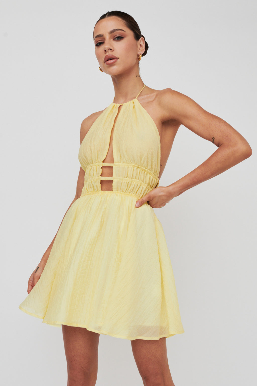 Cyndi Open Back Halterneck Mini Dress Lemon by Selfie Leslie