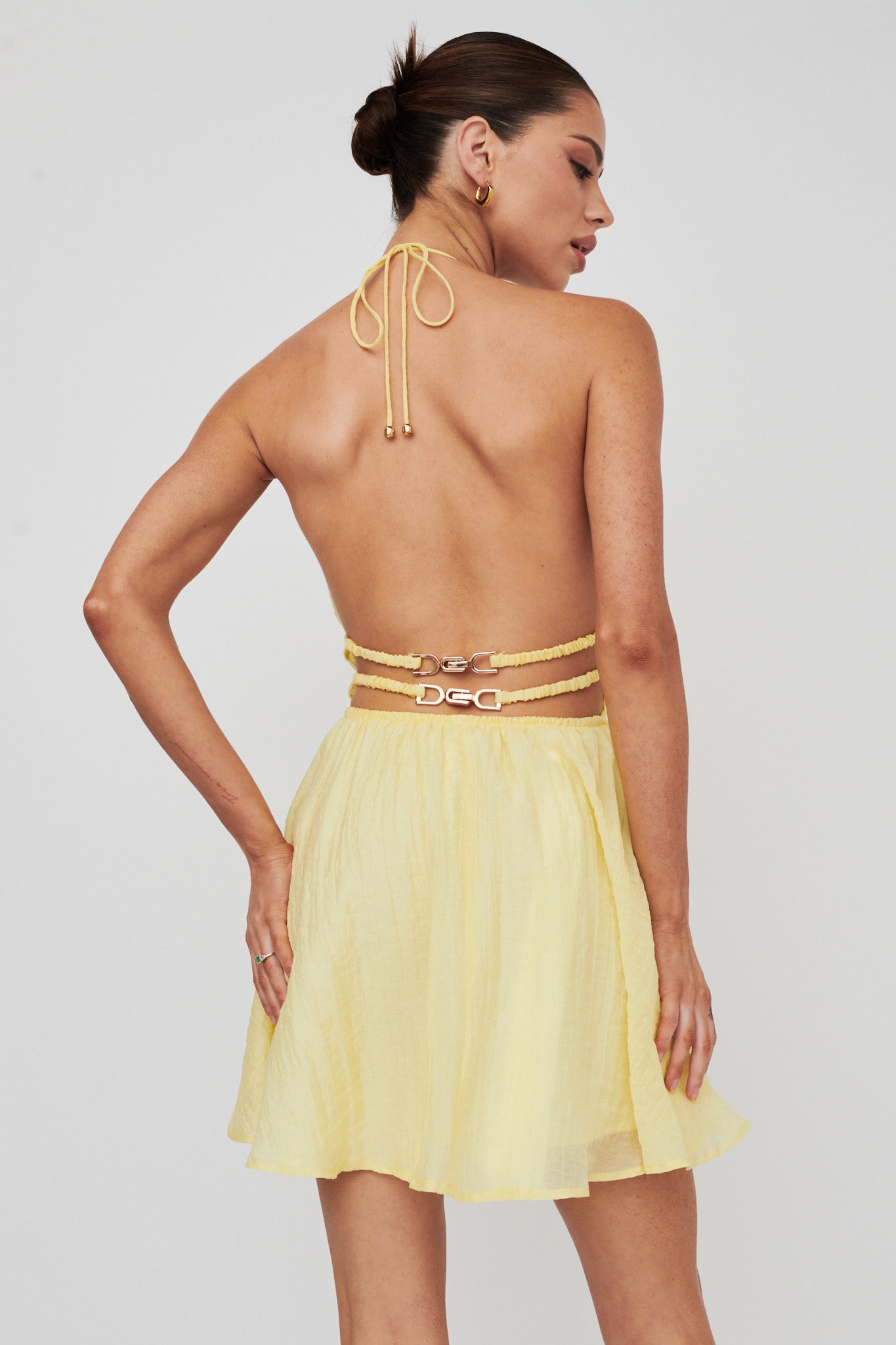 Cyndi Open Back Halterneck Mini Dress Lemon by Selfie Leslie