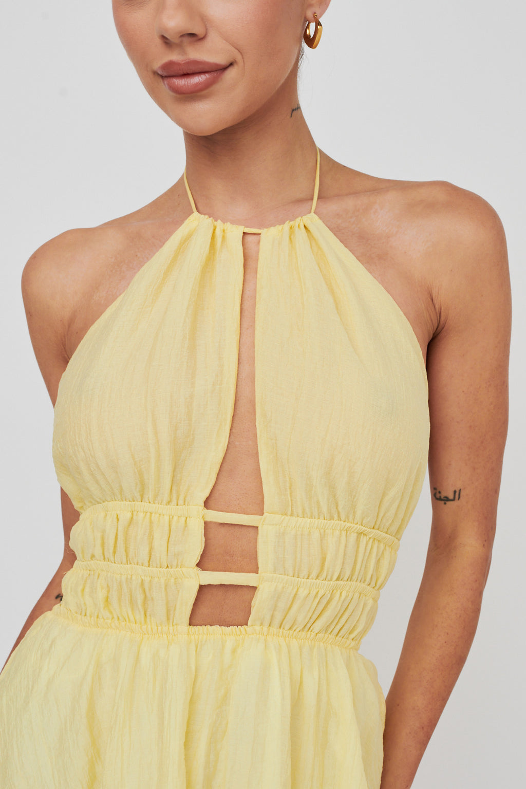 Cyndi Open Back Halterneck Mini Dress Lemon by Selfie Leslie