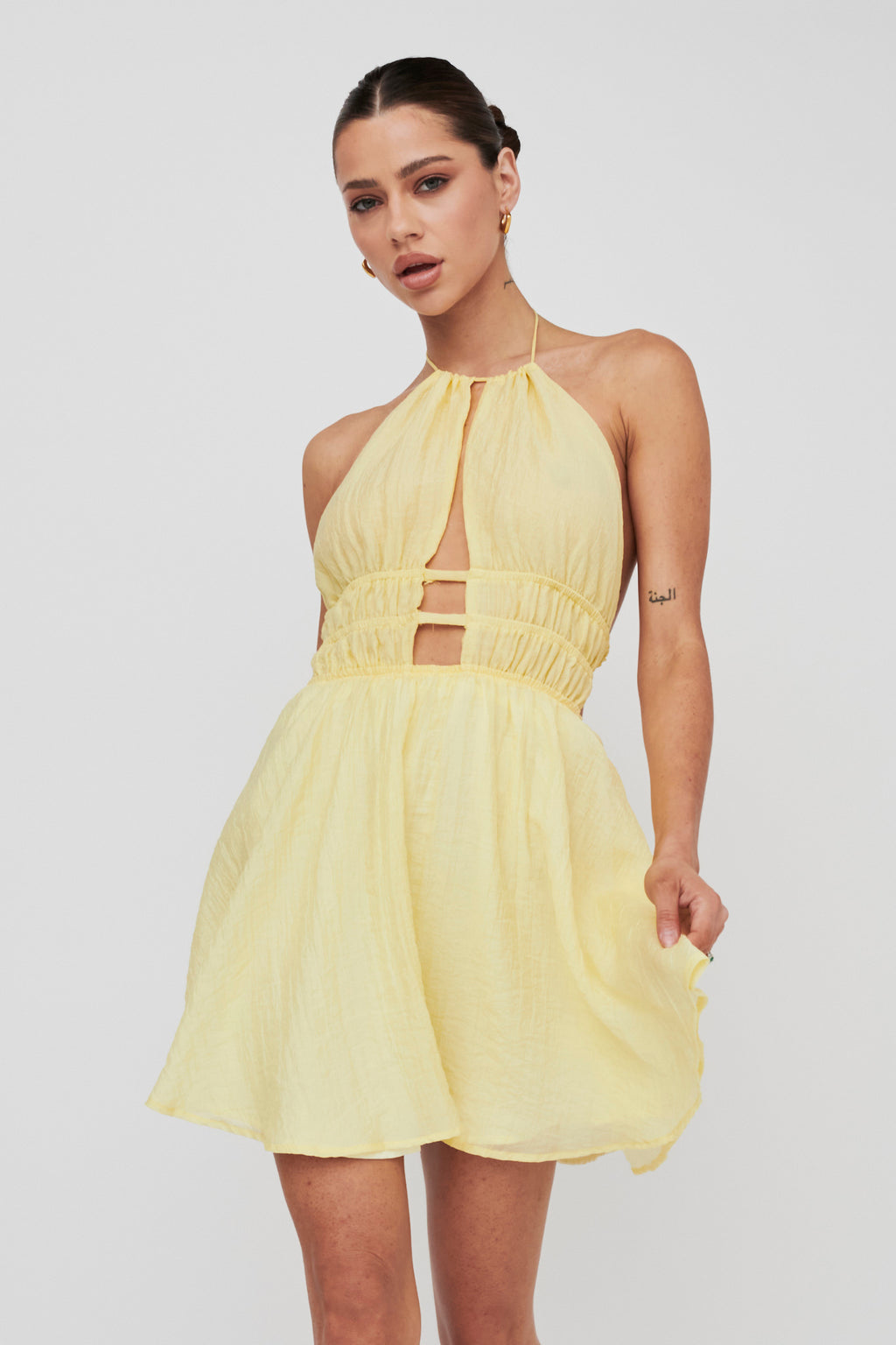 Cyndi Open Back Halterneck Mini Dress Lemon by Selfie Leslie