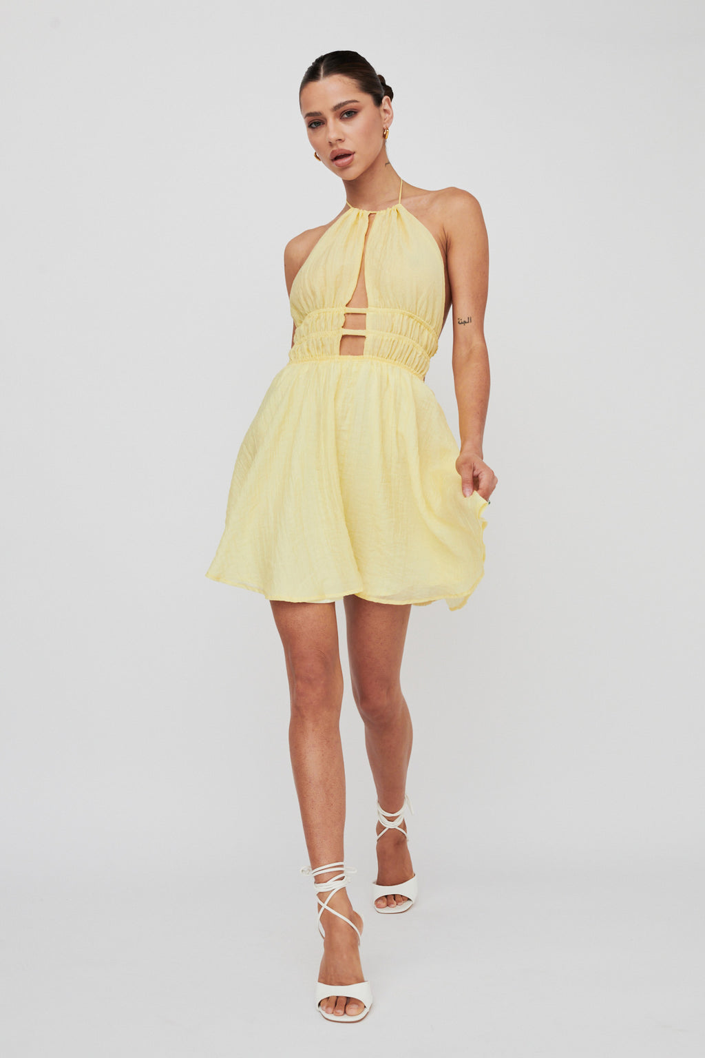 Cyndi Open Back Halterneck Mini Dress Lemon by Selfie Leslie