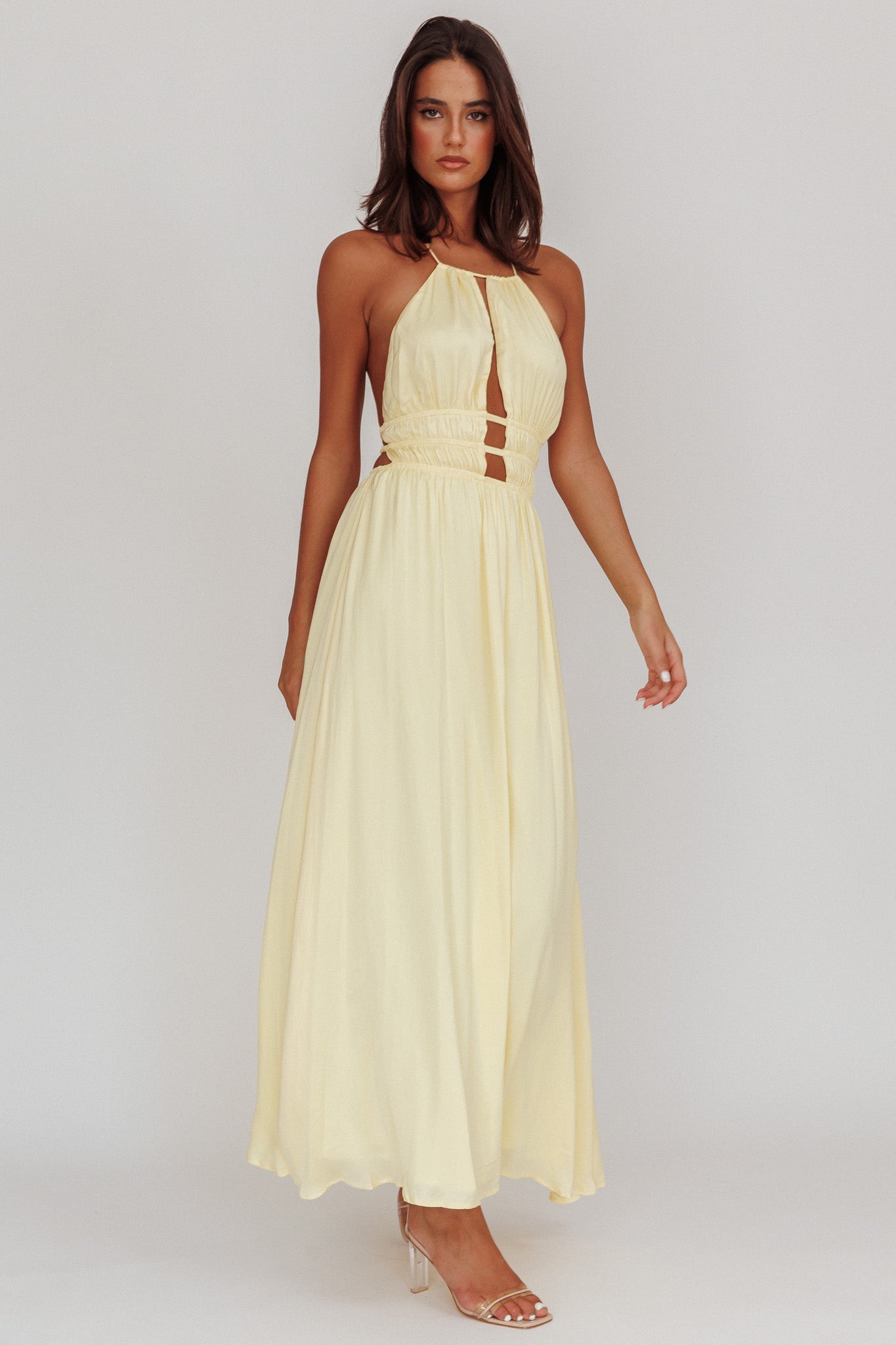 Cyndi Open Back Halterneck Maxi Dress Light Yellow L