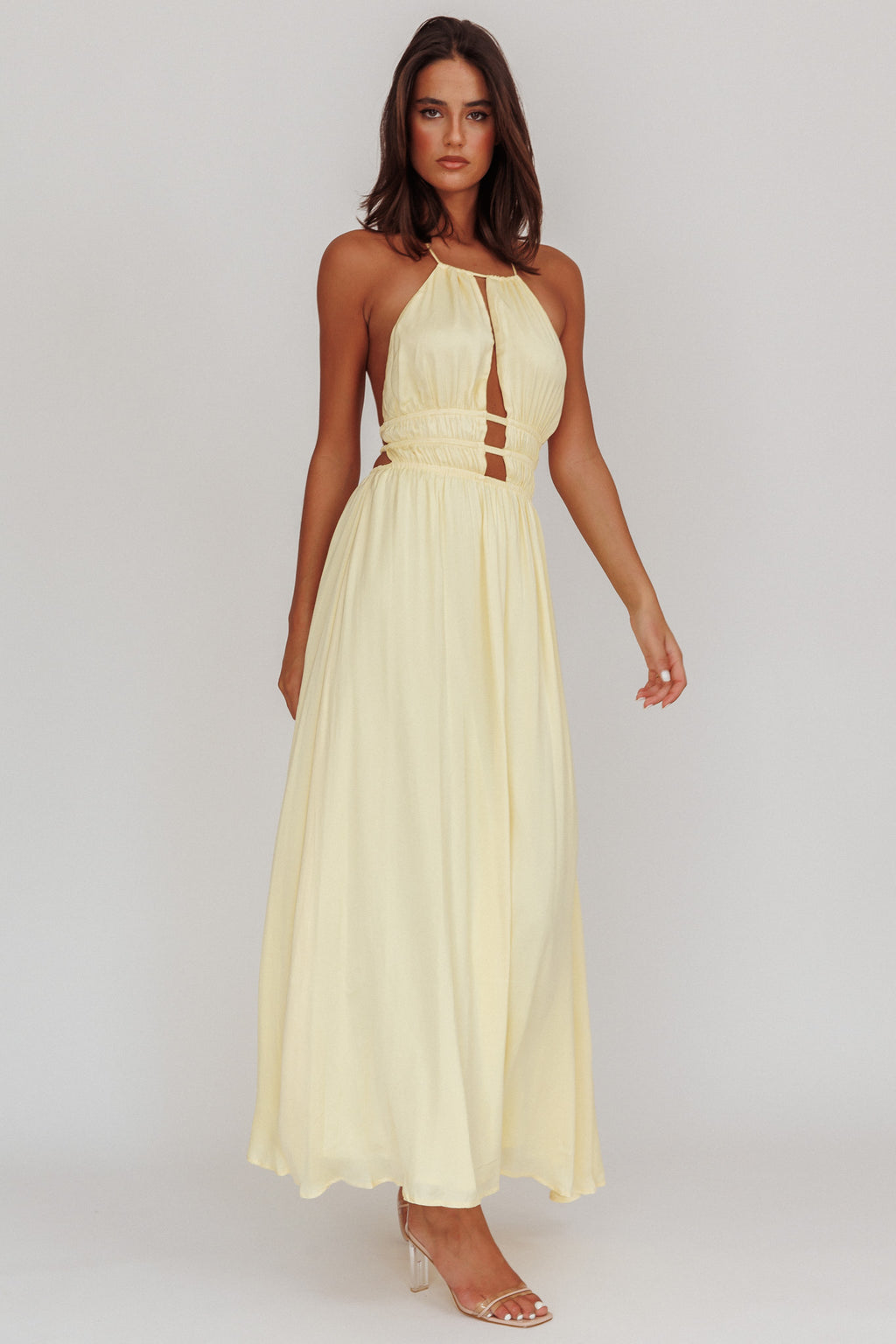 Cyndi Open Back Halterneck Maxi Dress Light Yellow XL
