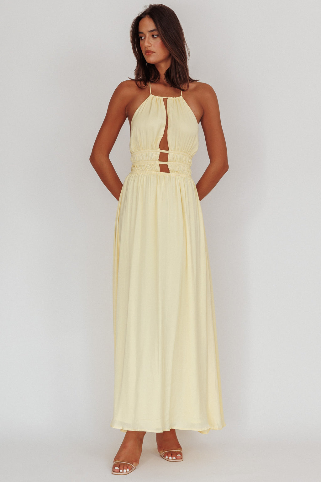 Cyndi Open Back Halterneck Maxi Dress Light Yellow L
