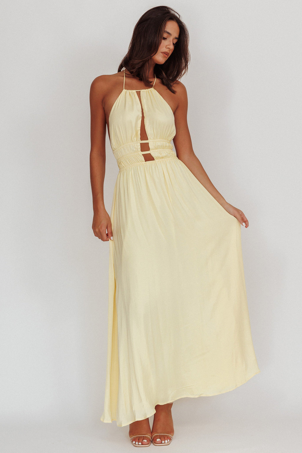 Cyndi Open Back Halterneck Maxi Dress Light Yellow by Selfie Leslie