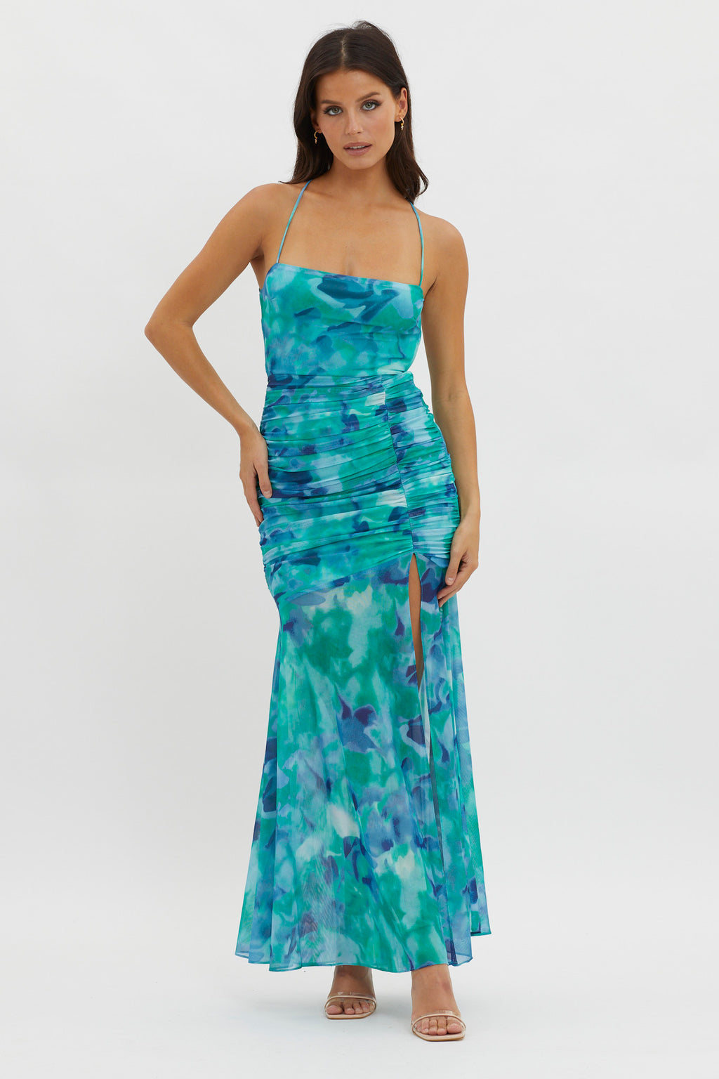 Apryl Ruched Lace-Up Back Dress Green by Selfie Leslie