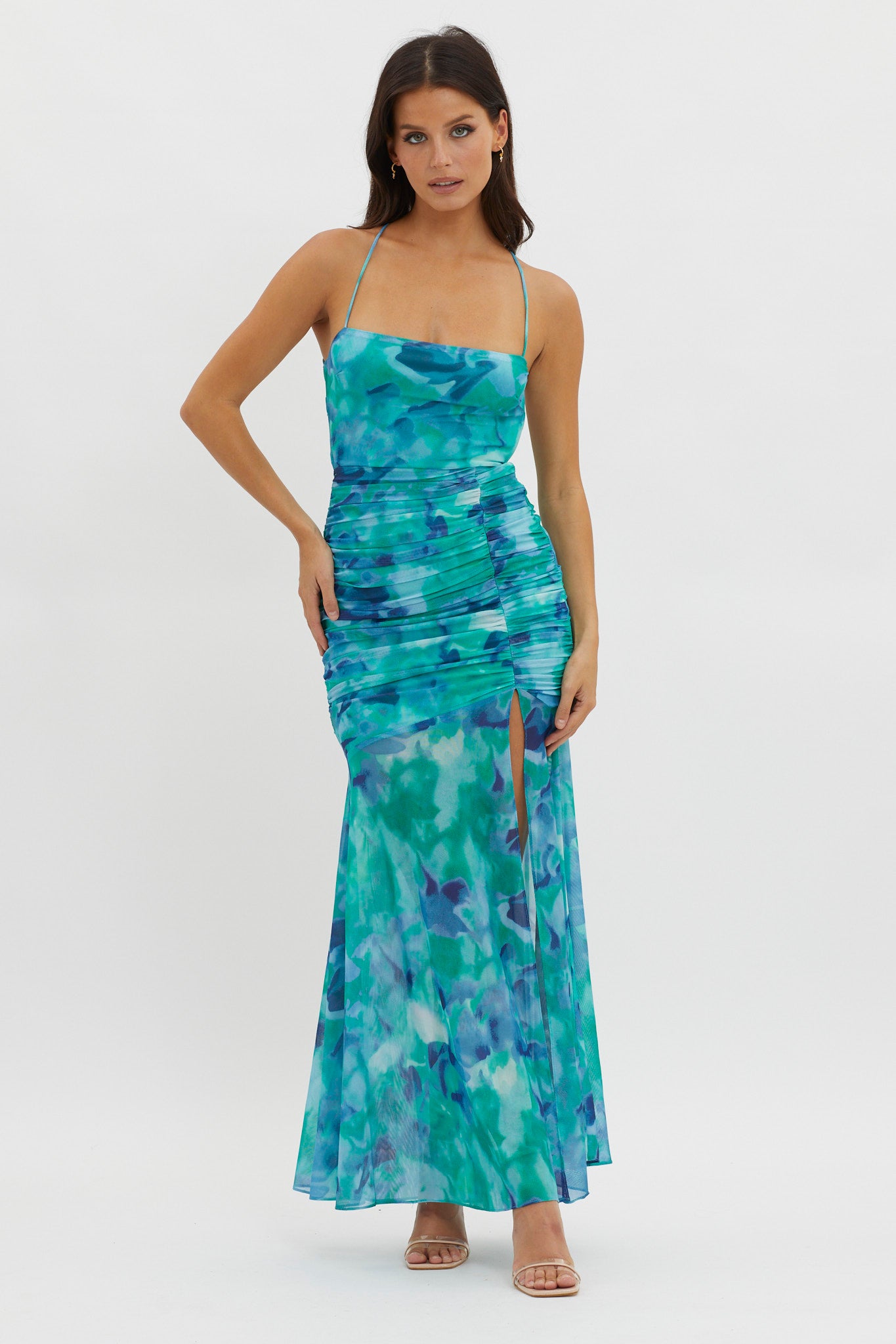 Apryl Ruched Lace-Up Back Dress Green by Selfie Leslie