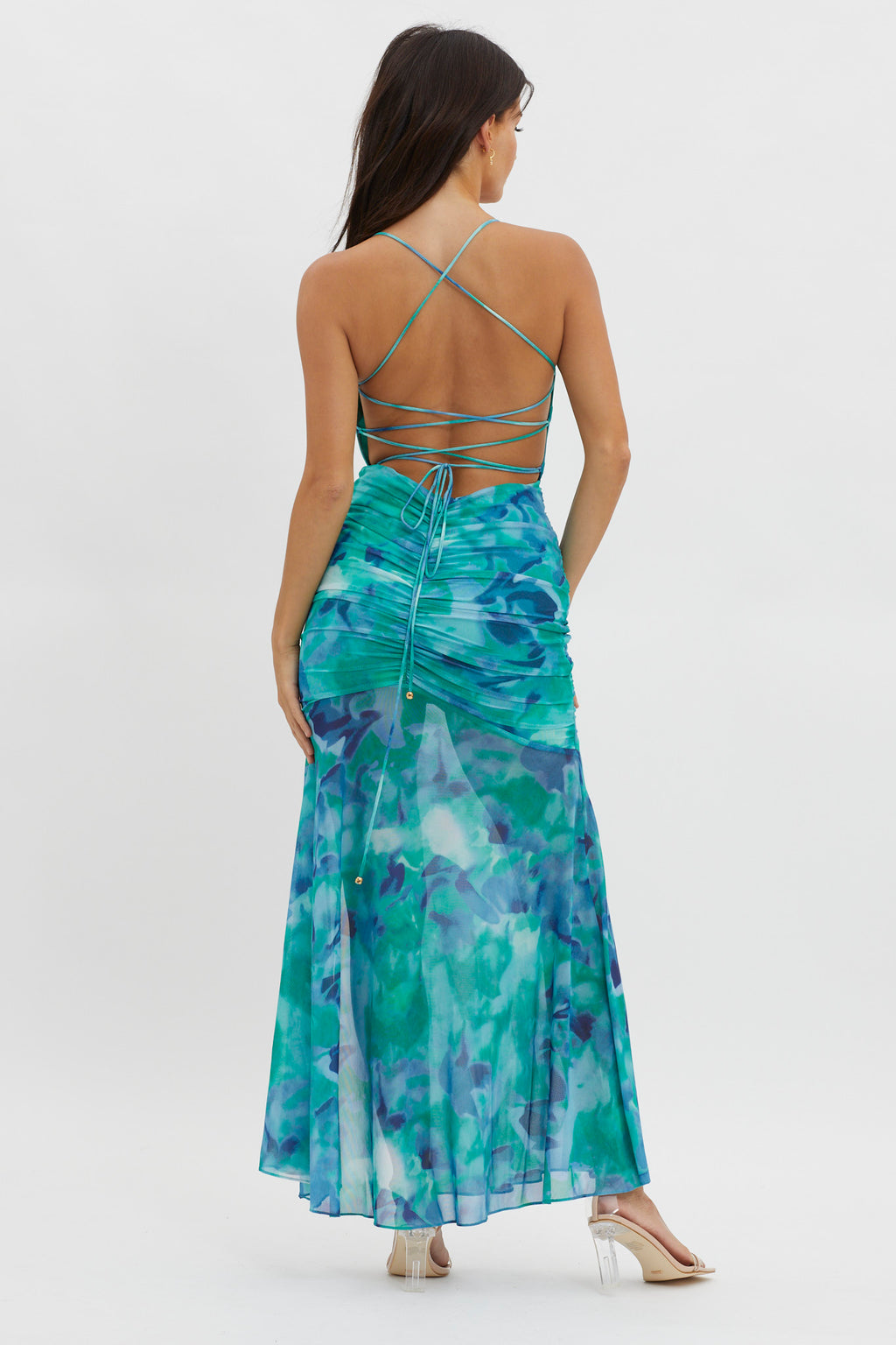 Apryl Ruched Lace-Up Back Dress Green by Selfie Leslie