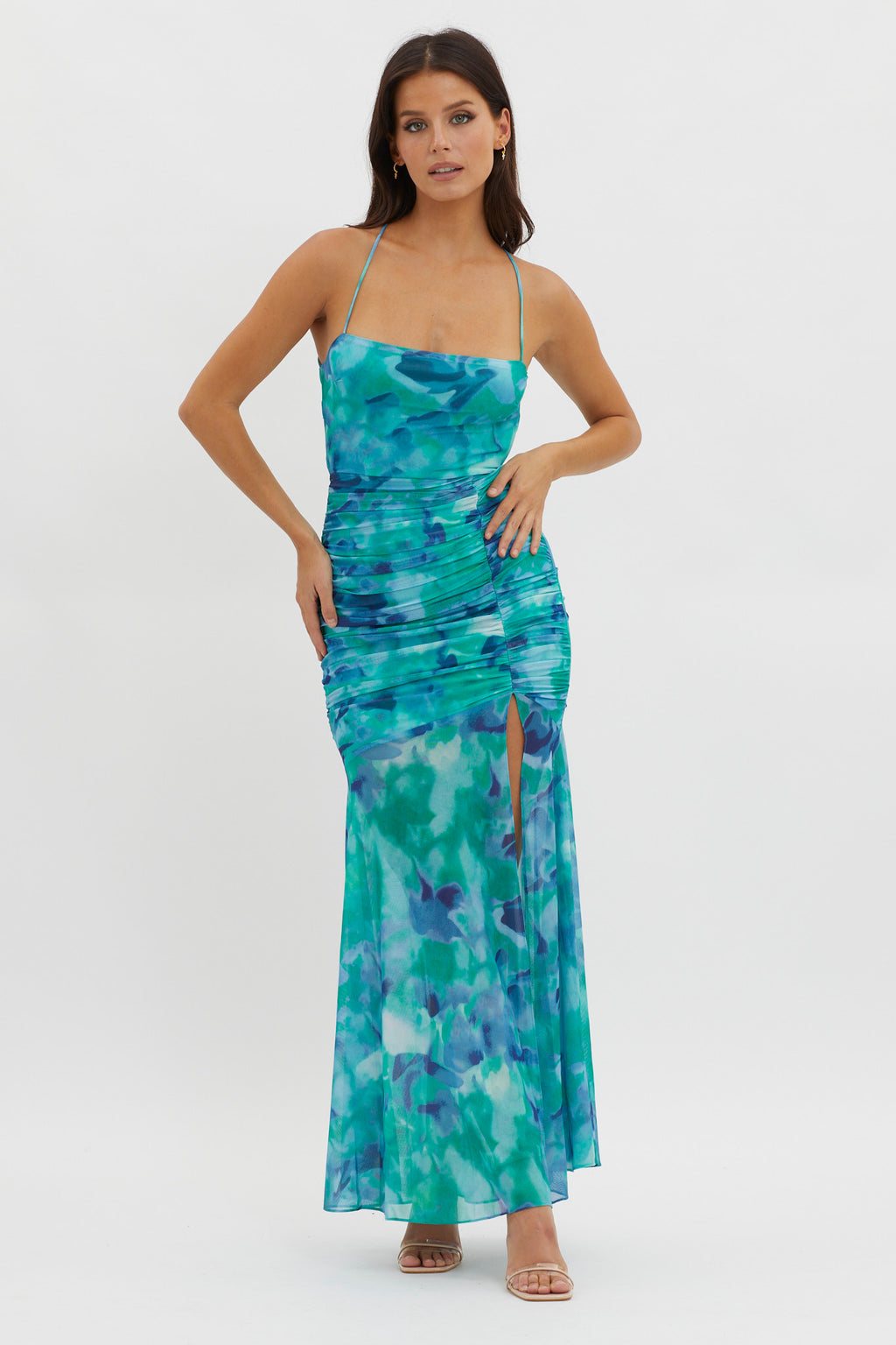 Apryl Ruched Lace-Up Back Dress Green by Selfie Leslie