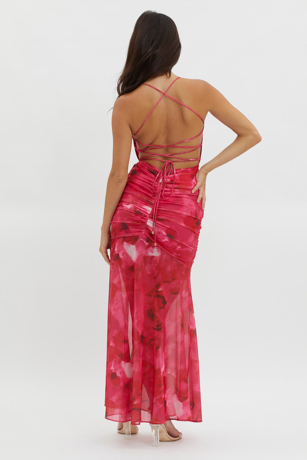 Apryl Ruched Lace-Up Back Dress Pink by Selfie Leslie