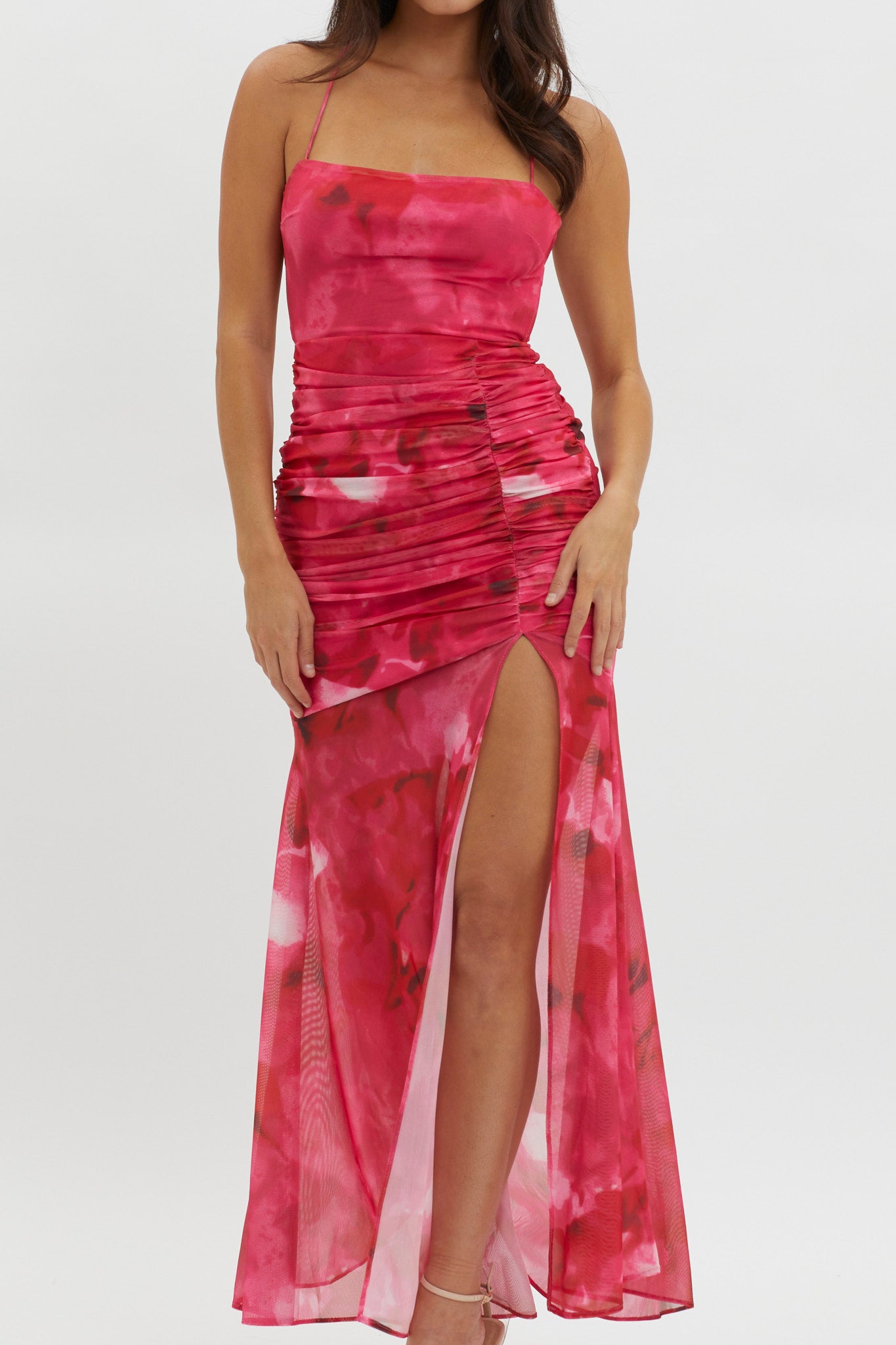 Apryl Ruched Lace-Up Back Dress Pink by Selfie Leslie