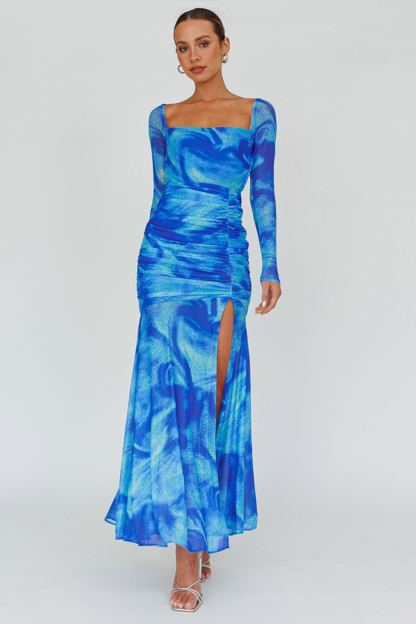 Apryl Long Sleeve Lace-Up Back Maxi Dress Blue by Selfie Leslie