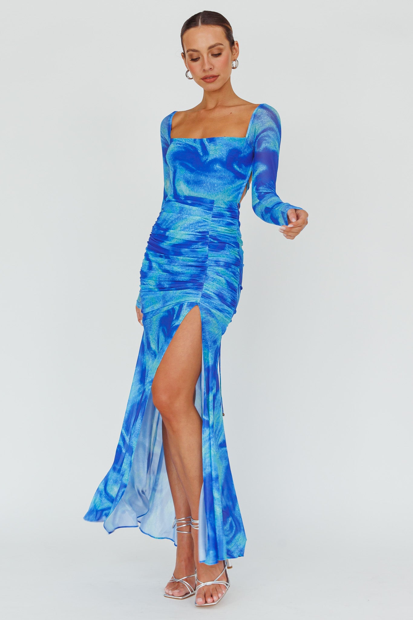 Apryl Long Sleeve Lace-Up Back Maxi Dress Blue by Selfie Leslie