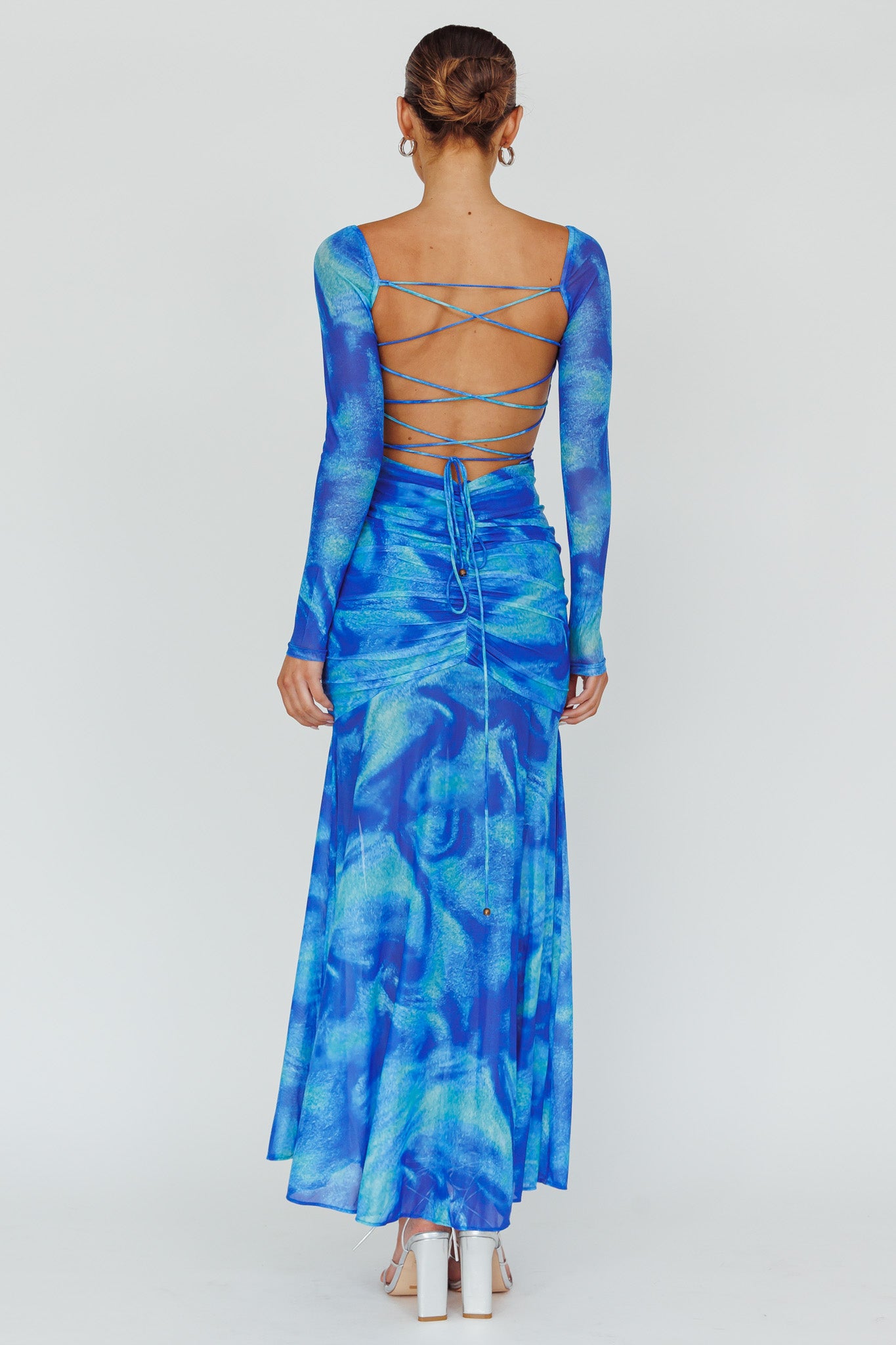 Apryl Long Sleeve Lace-Up Back Maxi Dress Blue by Selfie Leslie