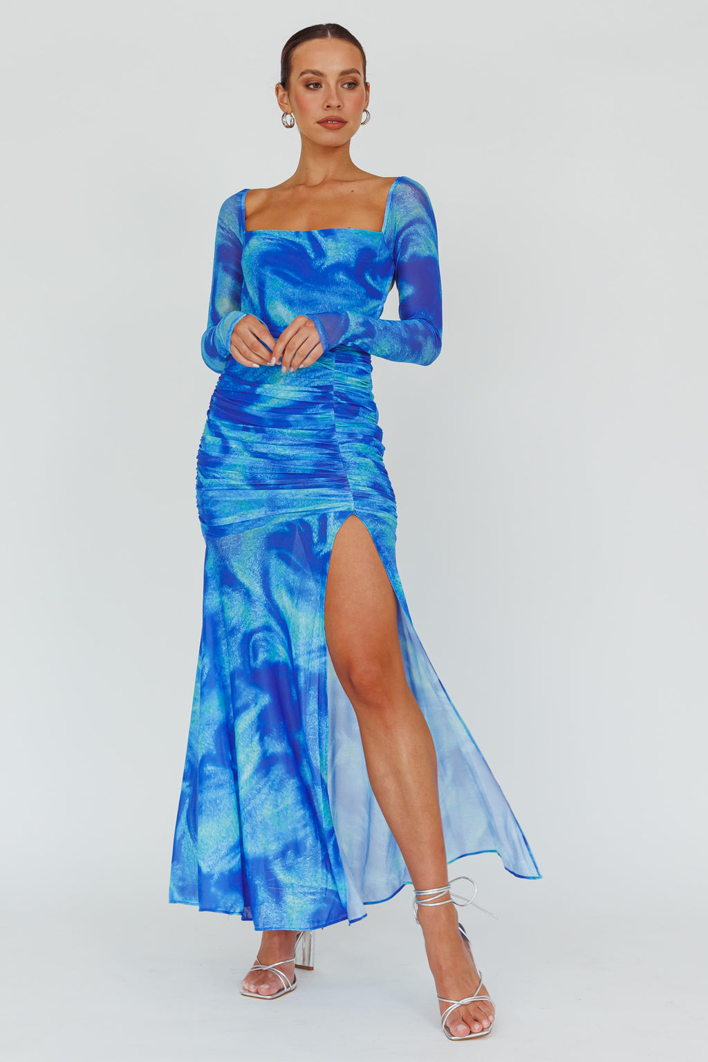 Apryl Long Sleeve Lace-Up Back Maxi Dress Blue by Selfie Leslie