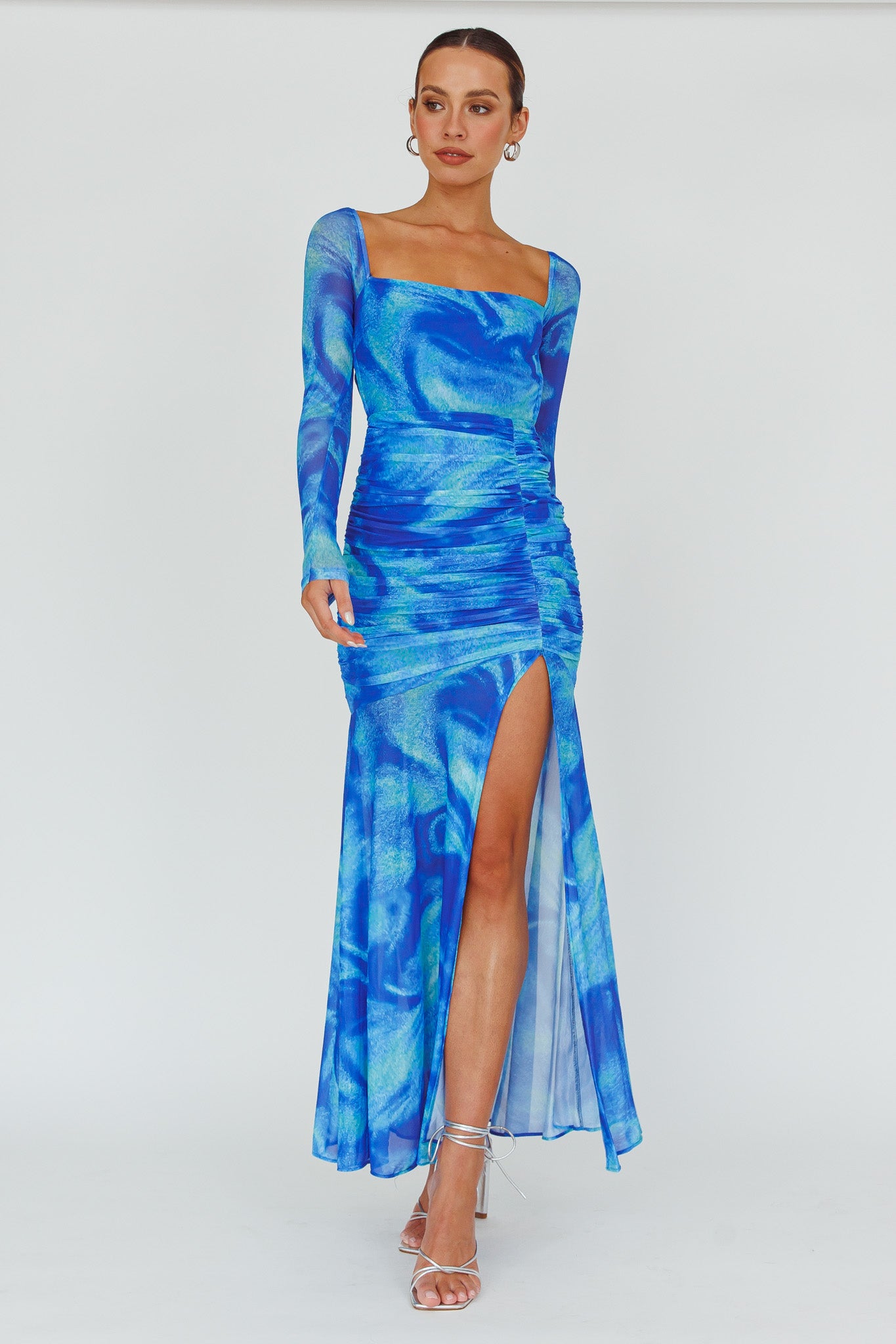 Apryl Long Sleeve Lace-Up Back Maxi Dress Blue by Selfie Leslie