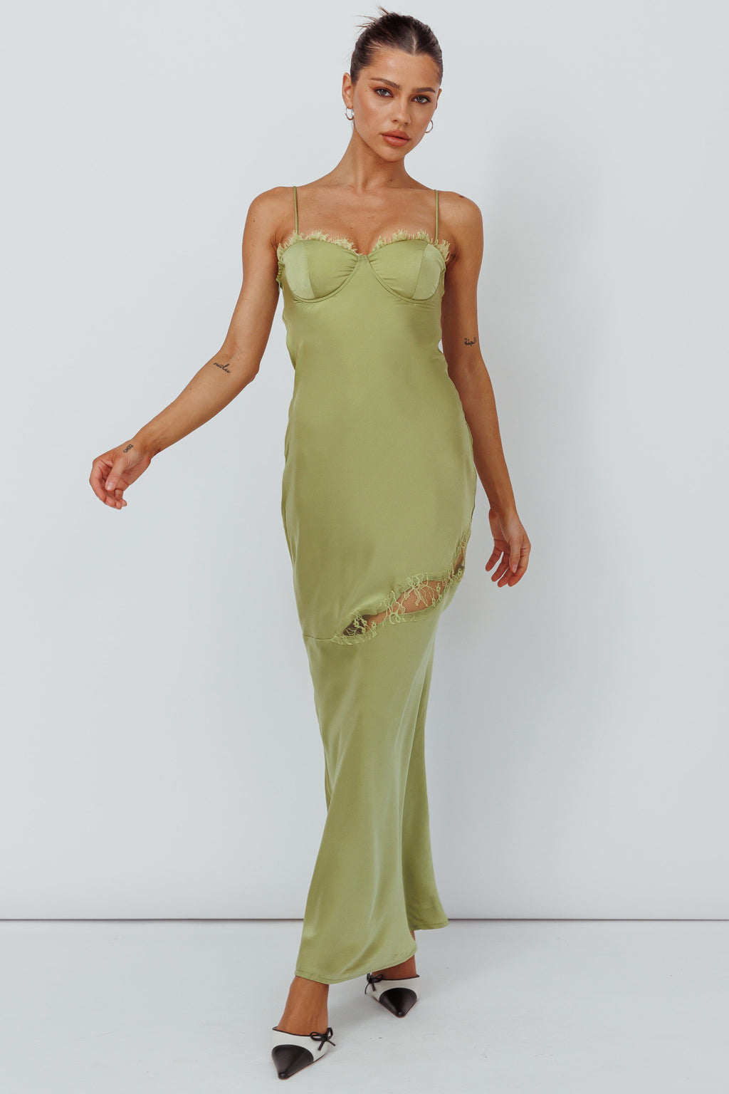 Sweet Talker Lace Trim Midi Dress Lime by Selfie Leslie