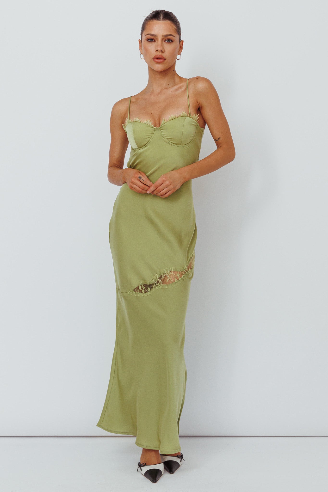 Sweet Talker Lace Trim Midi Dress Lime by Selfie Leslie