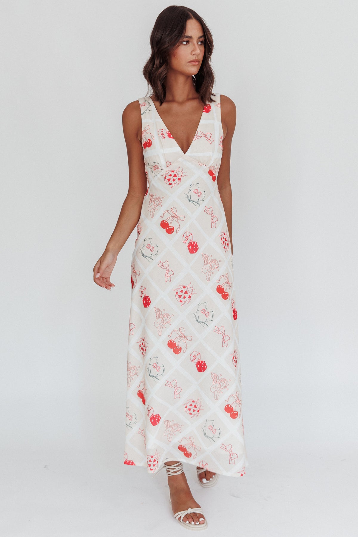 coucou linen dress V-Neckline Maxi Print Beige MODEL INFO Model is Line & Dot Kira color:Oatmeal 1015