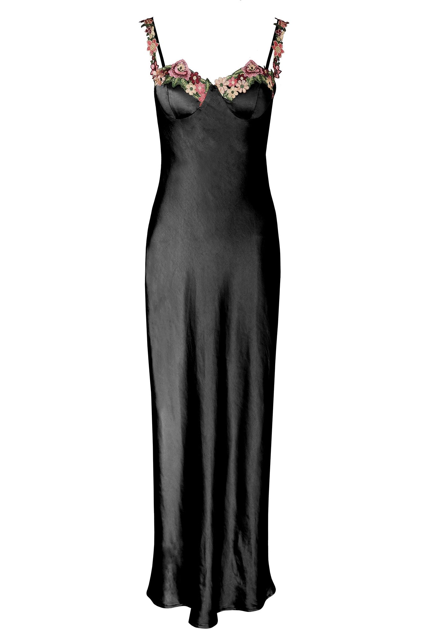 Rose Garden Floral Applique Midi Dress Black - L Rose Garden Floral Applique Midi Dress Black - L