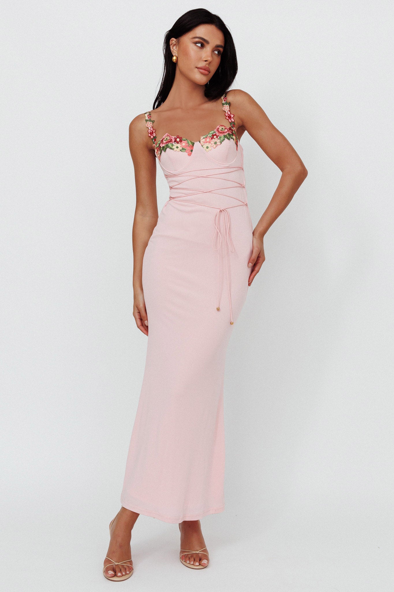 Formal Pink Midi Dress Shop The Rose Garden Floral Applique Laced
