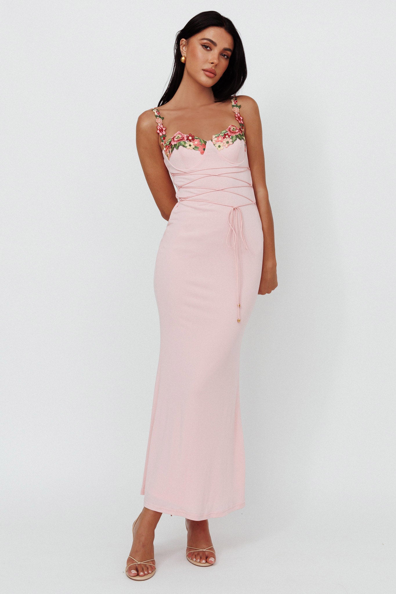 Rose Garden Floral Applique Laced Midi Dress Baby Pink - XL Rose Garden Floral Applique Laced Midi Dress Baby Pink - XL