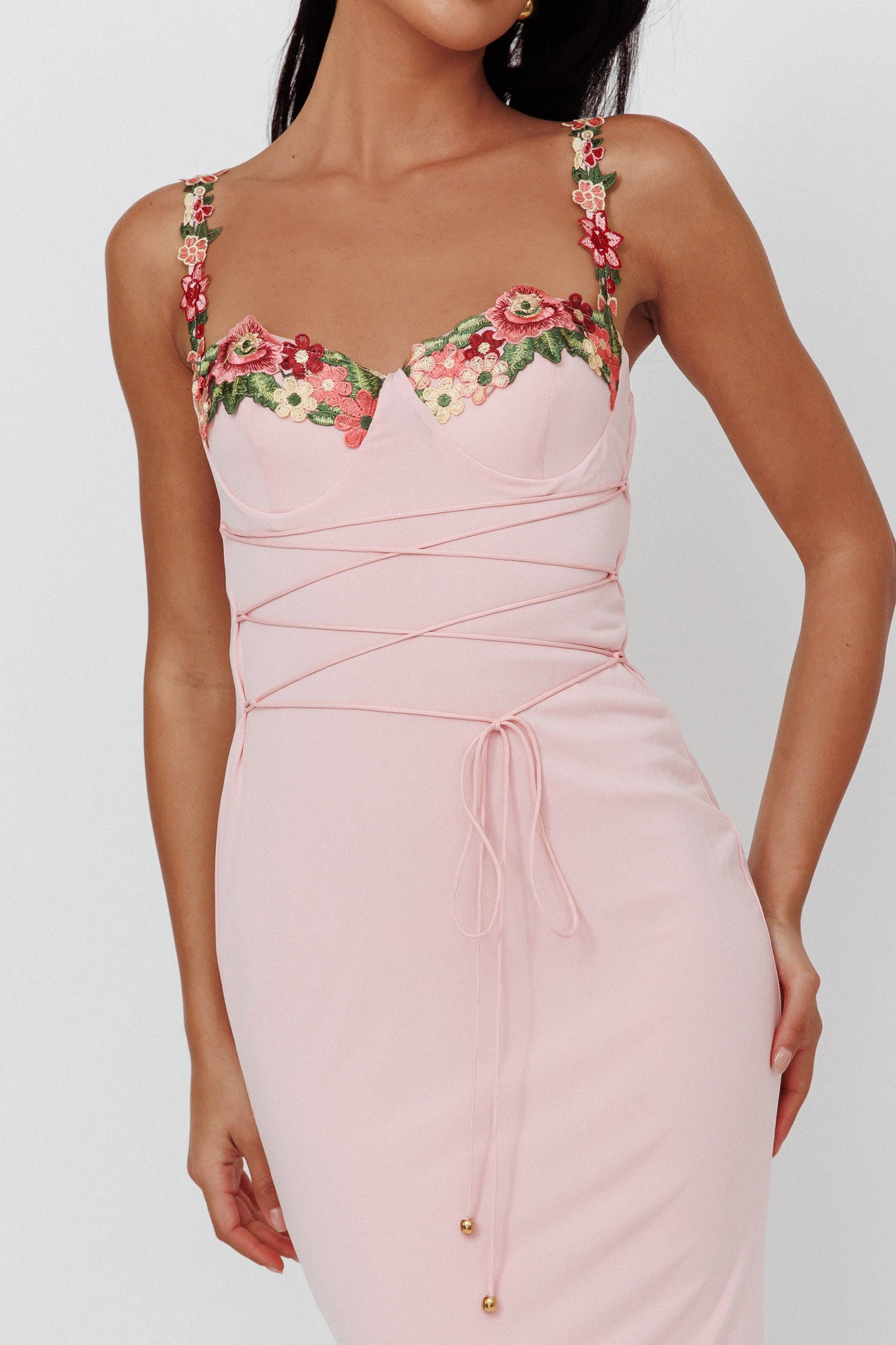 Rose Garden Floral Applique Laced Midi Dress Baby Pink - XL Rose Garden Floral Applique Laced Midi Dress Baby Pink - XL