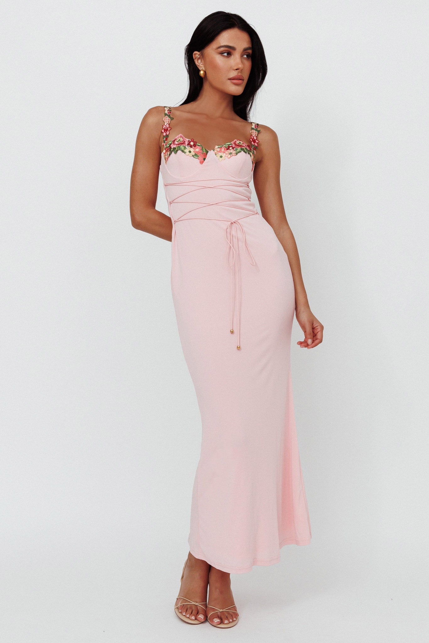 Rose Garden Floral Applique Laced Midi Dress Baby Pink by Selfie Leslie