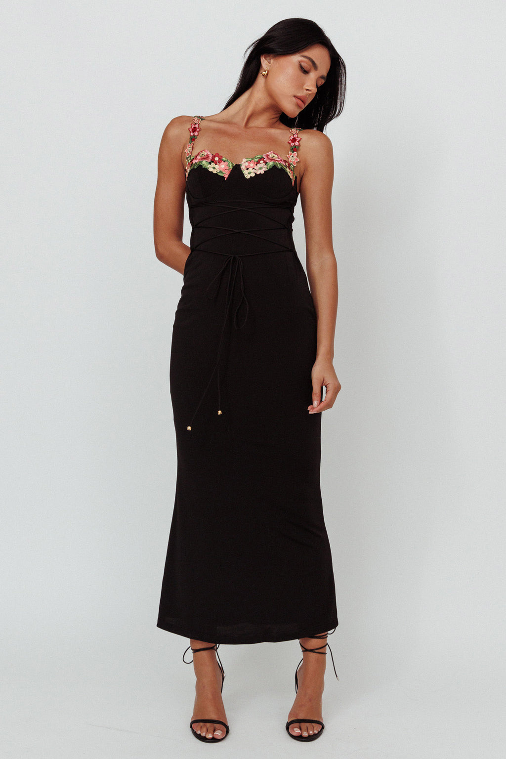 Rose Garden Floral Applique Laced Midi Dress Black by Selfie Leslie