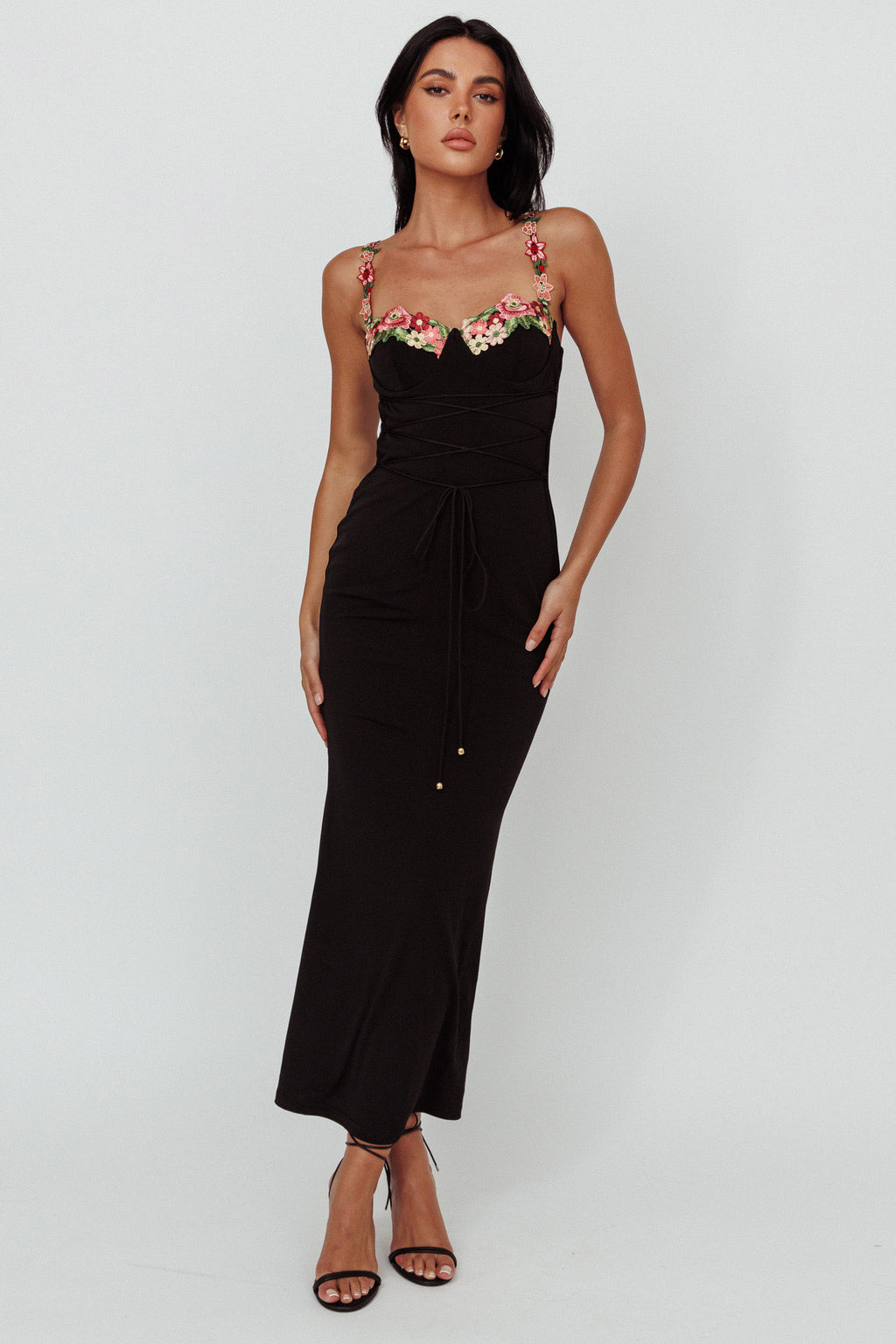Rose Garden Floral Applique Laced Midi Dress Black by Selfie Leslie
