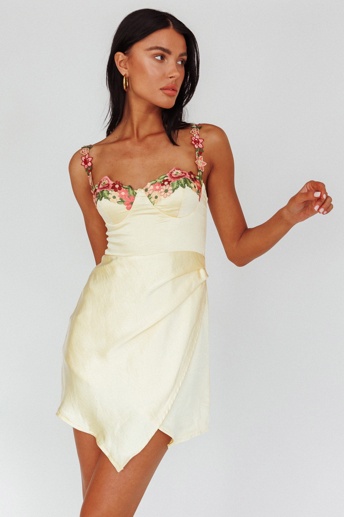 Rose Garden Floral Applique Wrap Mini Dress Lemon by Selfie Leslie