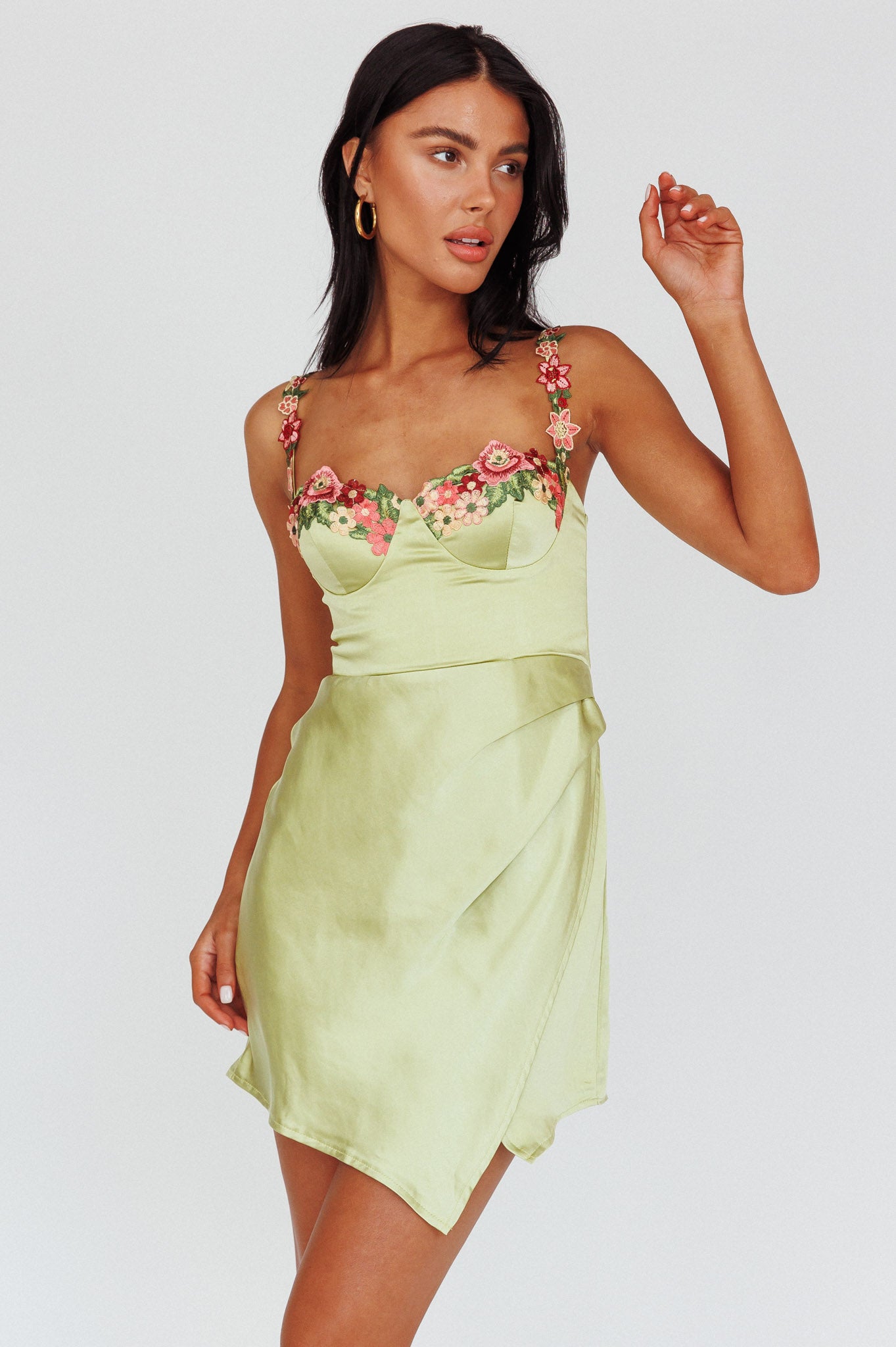 Rose Garden Floral Applique Wrap Mini Dress Lime by Selfie Leslie