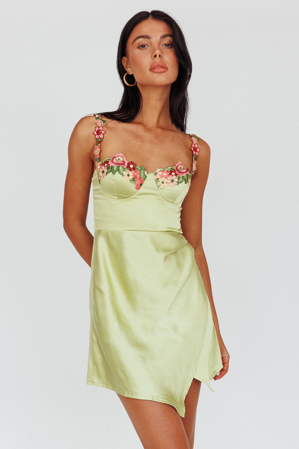 Rose Garden Floral Applique Wrap Mini Dress Lime by Selfie Leslie