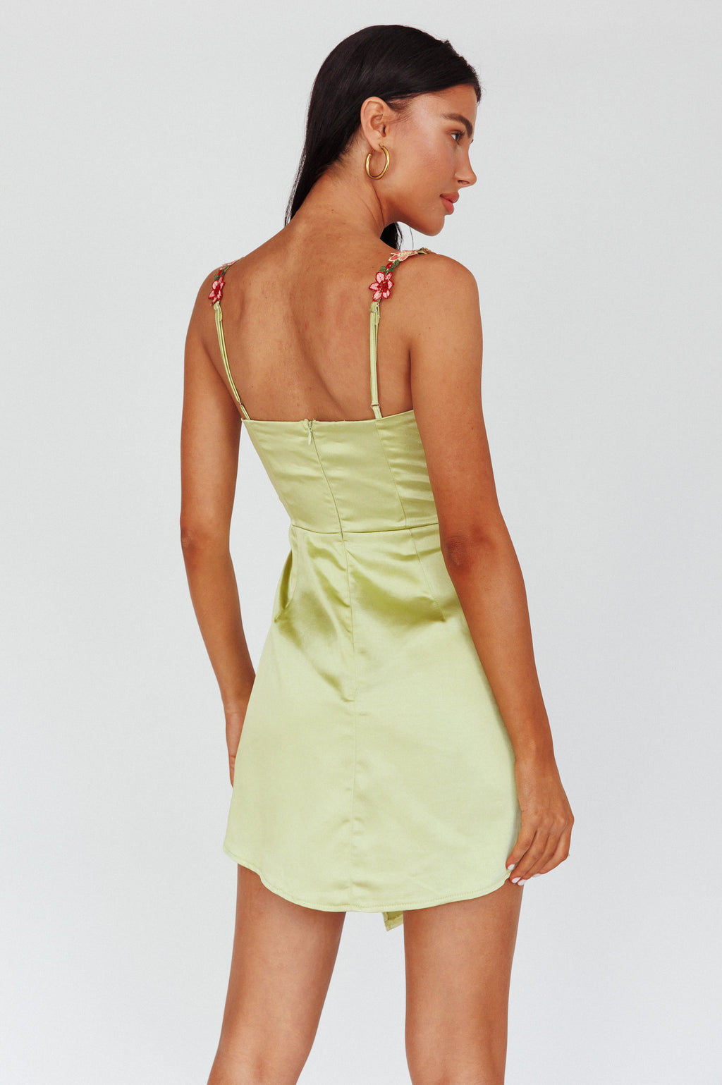 Rose Garden Floral Applique Wrap Mini Dress Lime by Selfie Leslie