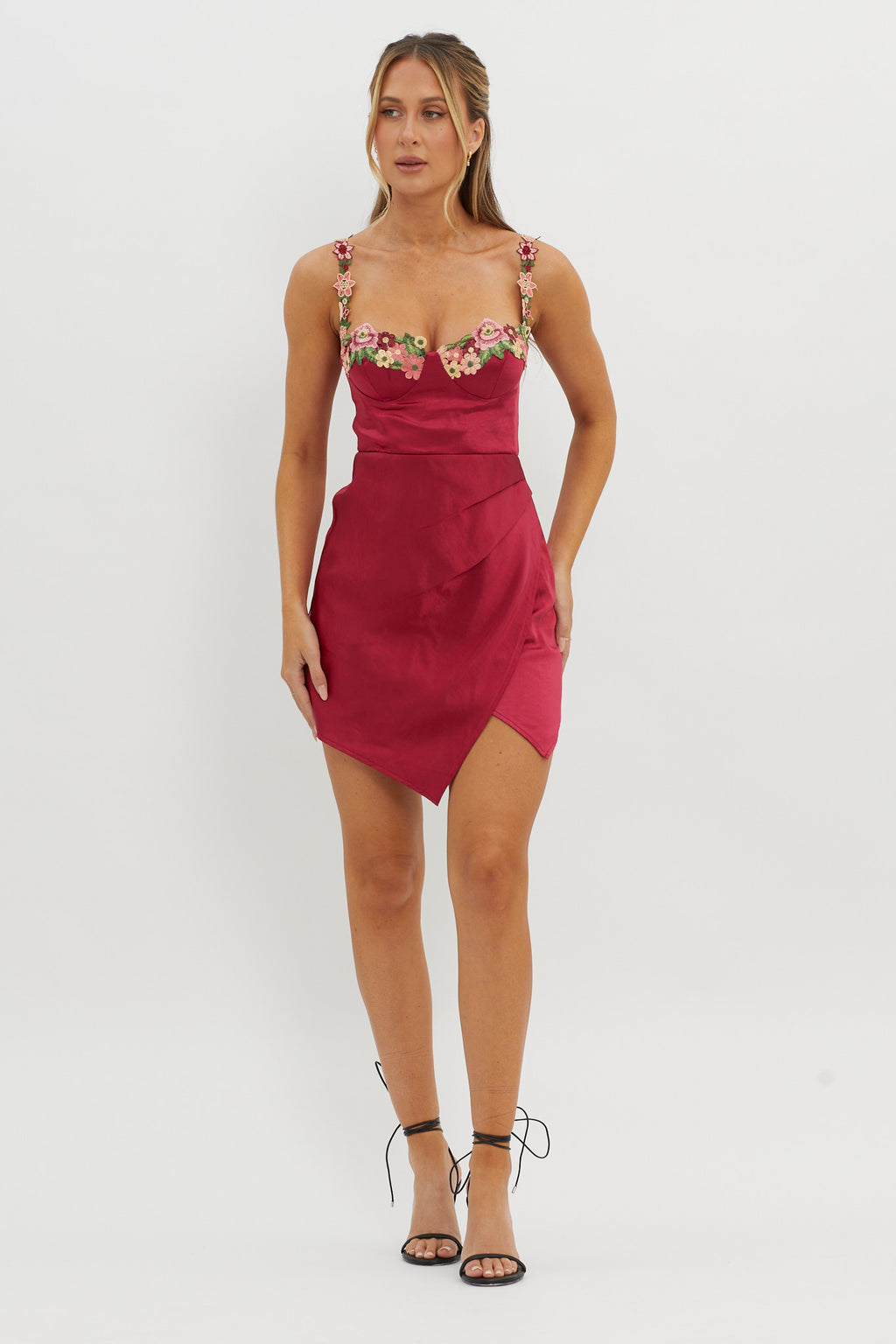Rose Garden Floral Applique Wrap Mini Dress Merlot by Selfie Leslie