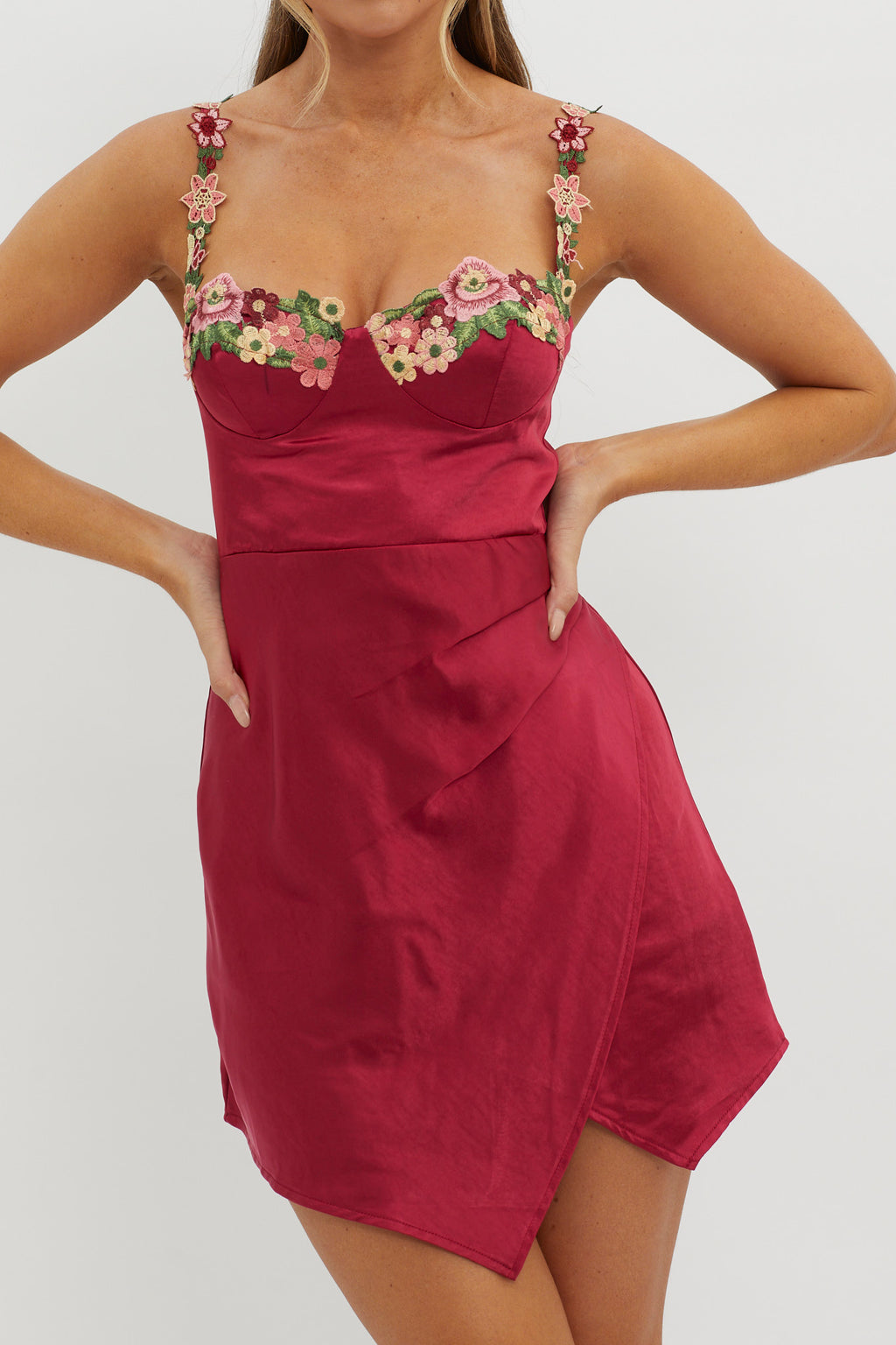 Rose Garden Floral Applique Wrap Mini Dress Merlot by Selfie Leslie