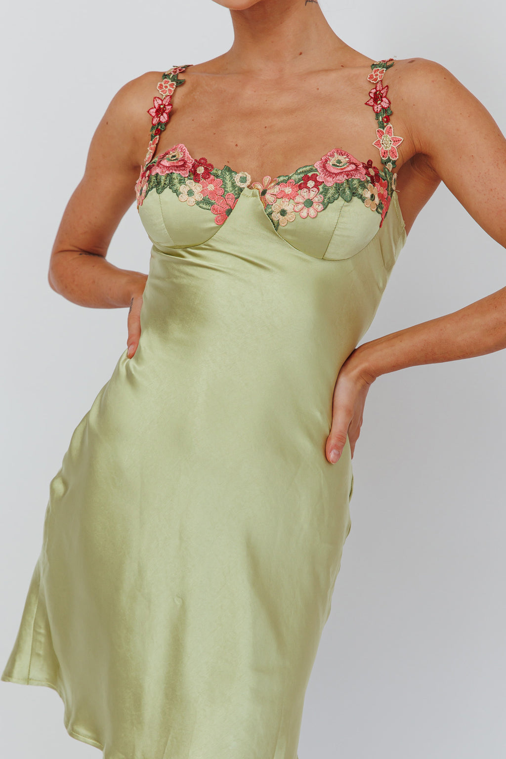 Rose Garden Floral Applique Mini Dress Lime by Selfie Leslie