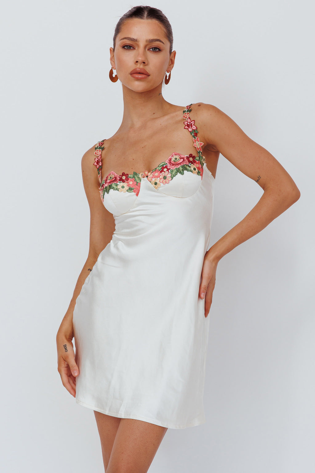 Rose Garden Floral Applique Mini Dress Oyster by Selfie Leslie