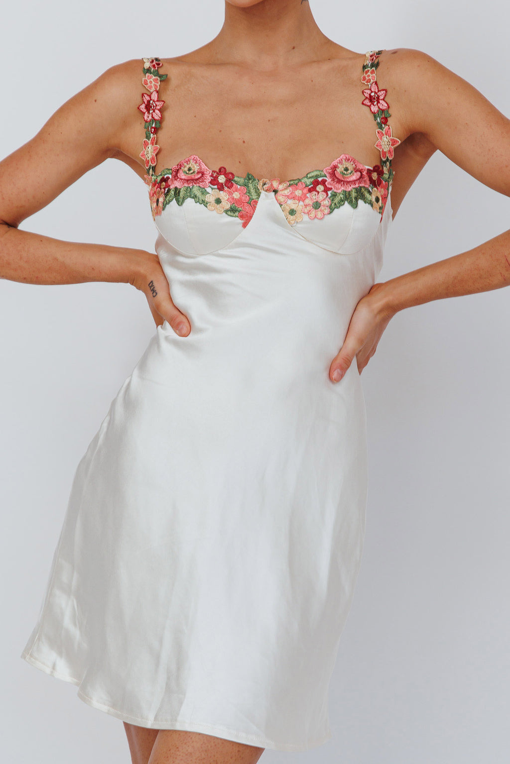 Rose Garden Floral Applique Mini Dress Oyster by Selfie Leslie