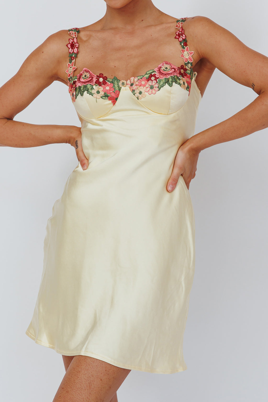 Rose Garden Floral Applique Mini Dress Yellow by Selfie Leslie